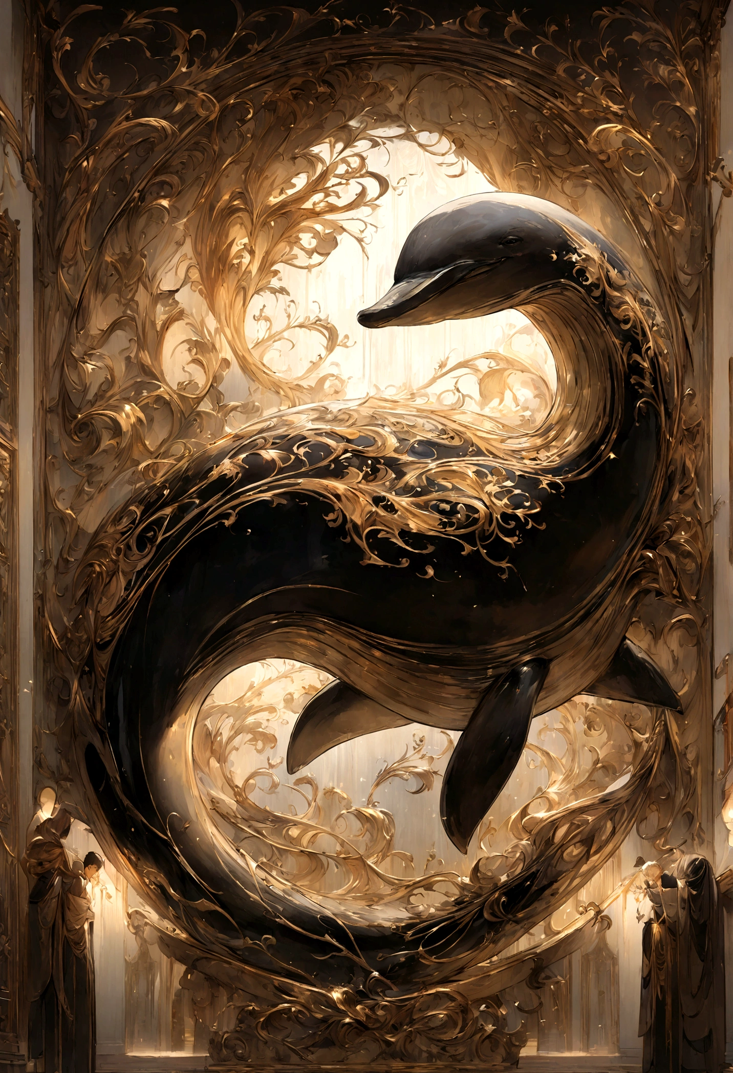 Utrine art decorated with delicate and clean lines. Whale. This stunning work of art exudes elegance and sophistication. The precise lines and intricate details truly demonstrate the high quality craftsmanship of this painting and create a captivating visual experience.