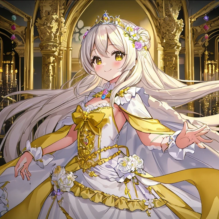 looking at viewer,(kawaii),(best quality),(ultra detailed), upper body,(rococo style),(long train pastel yellow cape:1.15), very long cape,(long train white ball gown with flower decorations:1.1), a girl is wearing a cape over her gown, 1 princess, tiara, smile, very long hair, small breasts