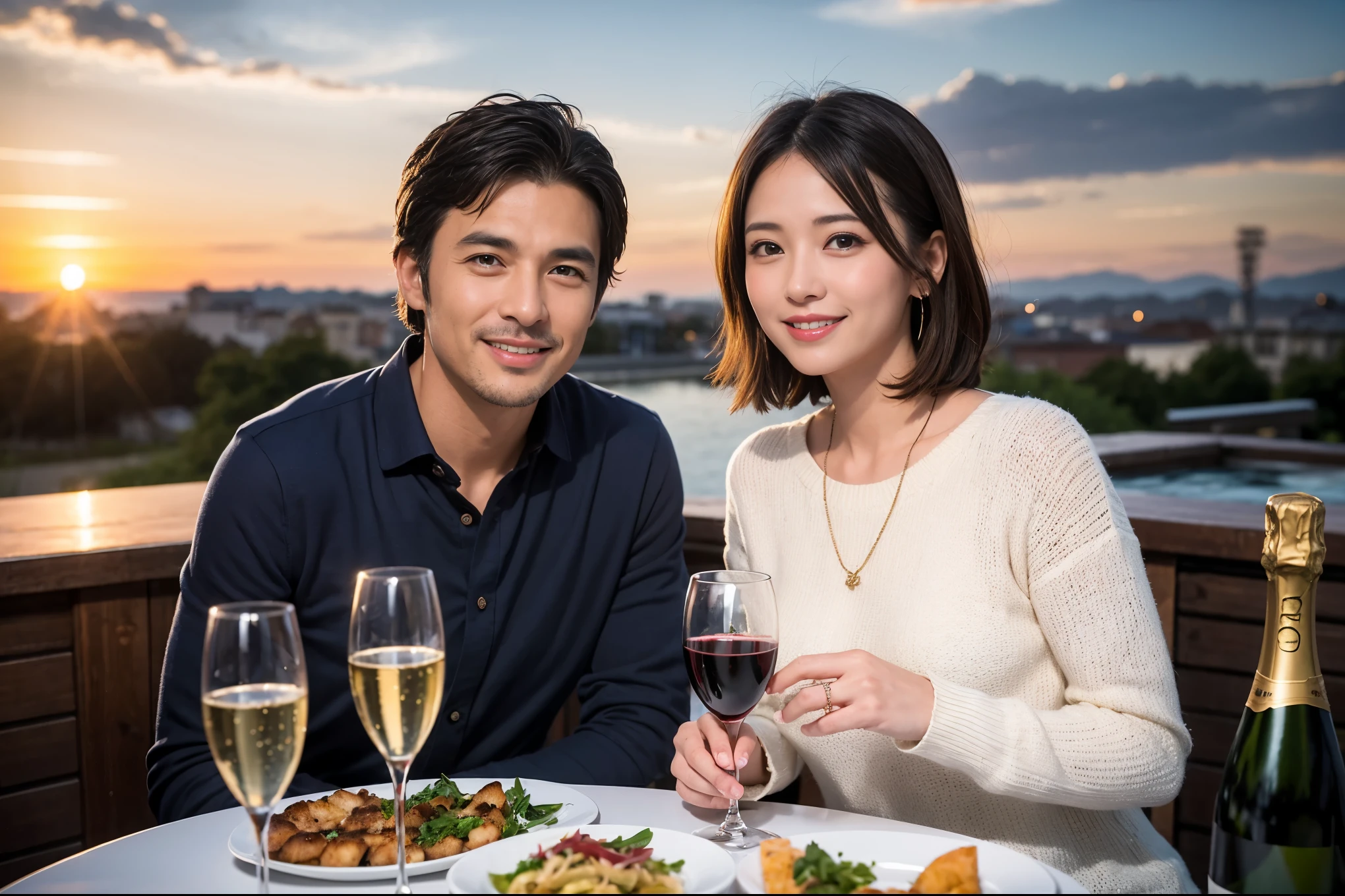 ((highest quality、8k、masterpiece:1.3))、1 male 1 female、A lover who resembles Saki Takaoka、Beautiful couple、smile、full-course dinner、 (Slim face), (the body is スリム), (Brown Hair), (short hair), テーブルの上のwine glass、Please shine a light on my face、 Amazing view of the sunset sky and clouds、 (Age 45), 49 years old, red wine 、Appetizers、Italian food、Wine bottle、Champagne、sparkling wine、Long sleeve shirt、dress、White wine, red wine, wine glass,