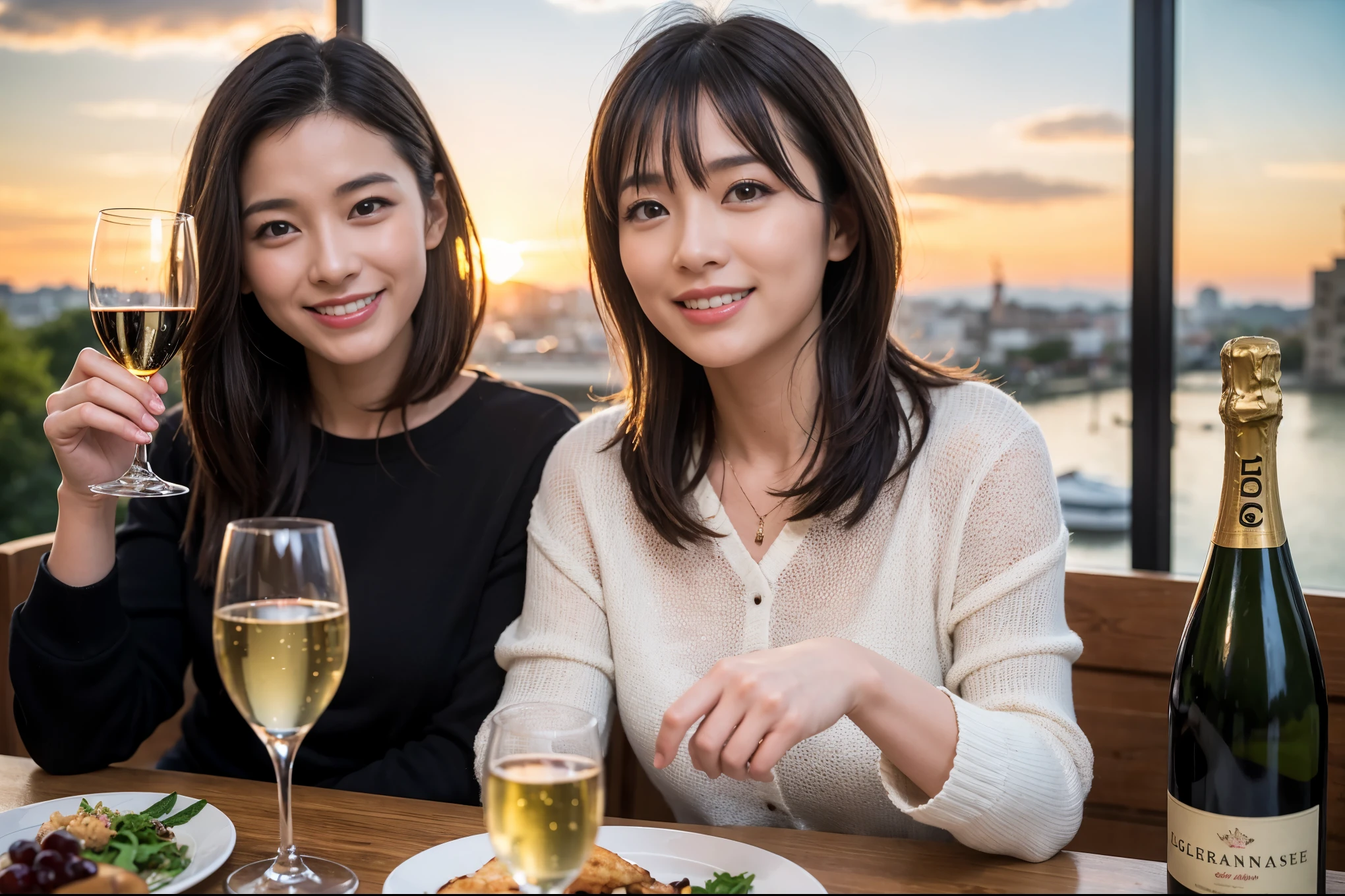 ((highest quality、8k、masterpiece:1.3))、1 male 1 female、A lover who resembles Saki Takaoka、Beautiful couple、smile、full-course dinner、 (Slim face), (the body is スリム), (Brown Hair), (short hair), テーブルの上のwine glass、Please shine a light on my face、 Amazing view of the sunset sky and clouds、 (Age 45), 49 years old, red wine 、Appetizers、Italian food、Wine bottle、Champagne、sparkling wine、Long sleeve shirt、dress、White wine, red wine, wine glass,