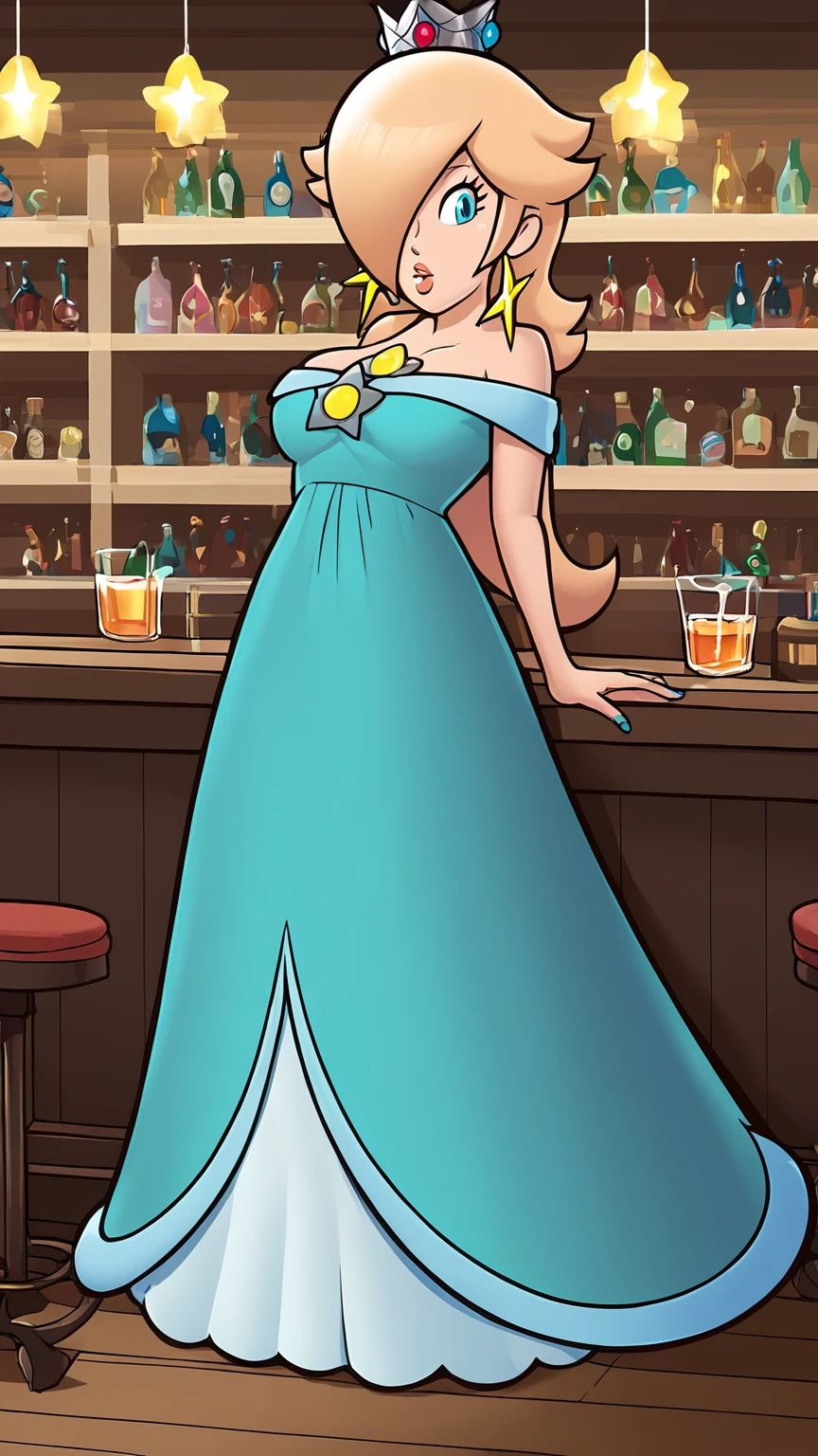 score_9, score_8_up, 1girl, solo, rosalina, style parody, thick outlines, blue dress, sleeveless, strapless, cleavage, indoors, bar, 