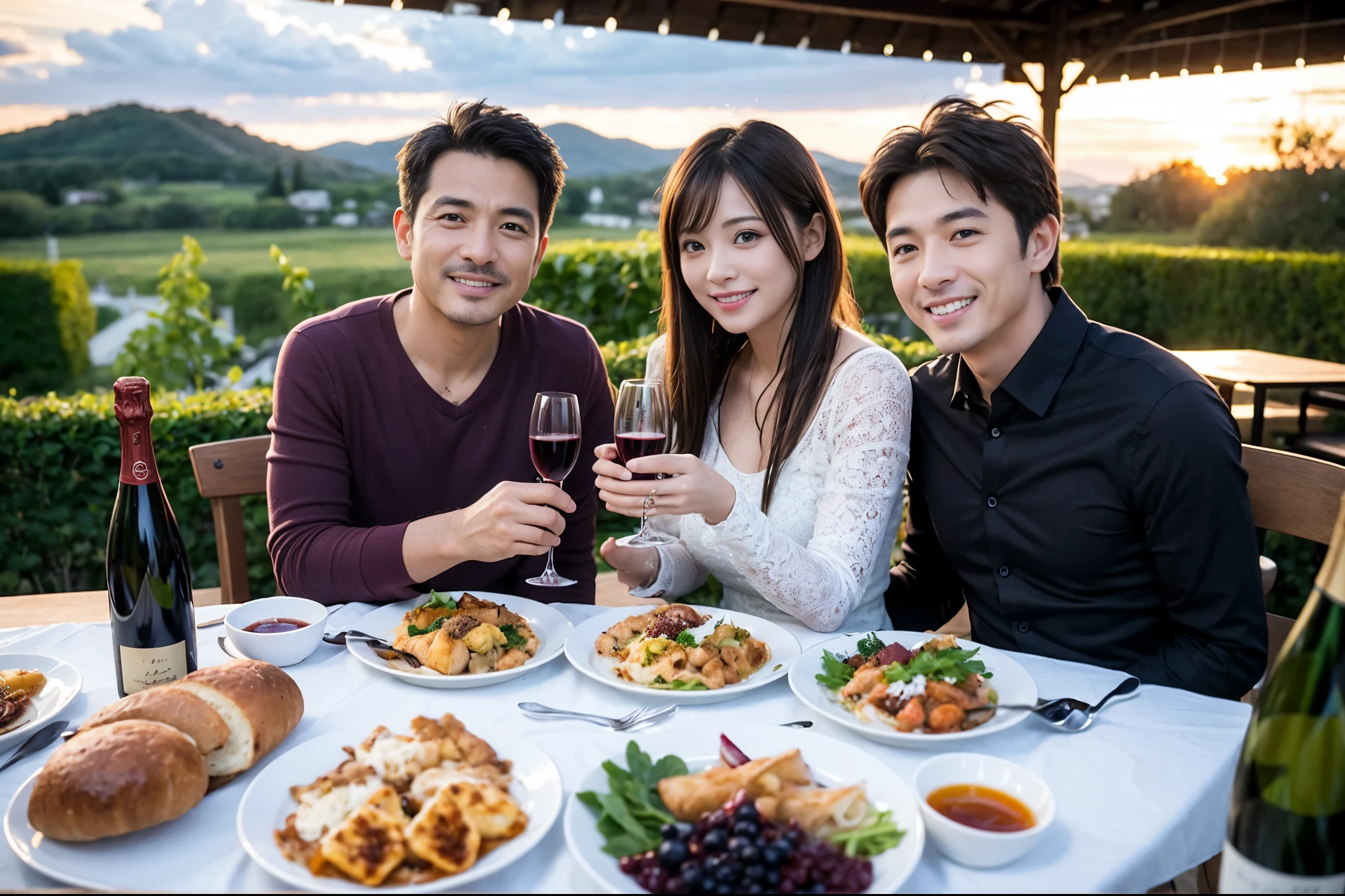 ((highest quality、8k、masterpiece:1.3))、1 male 1 female、A lover who resembles Saki Takaoka、Beautiful couple、smile、full-course dinner、 (Slim face), (the body is スリム), (Brown Hair), (short hair), テーブルの上のwine glass、Please shine a light on my face、 Amazing view of the sunset sky and clouds、 (Age 45), 42 years old, red wine 、Appetizers、Italian food、Wine bottle、Champagne、sparkling wine、Long sleeve shirt、dress、White wine, red wine, wine glass, 
