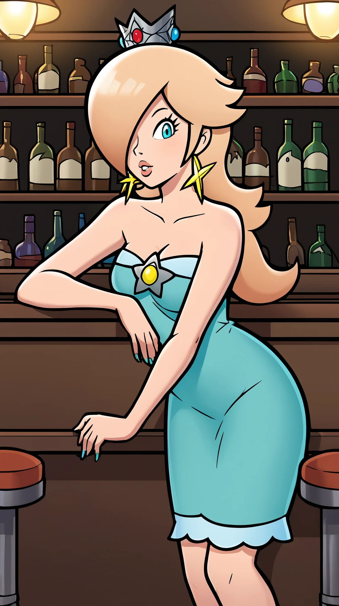 score_9, score_8_up, 1girl, solo, rosalina, style parody, thick outlines, blue dress, sleeveless, strapless, cleavage, indoors, bar, 