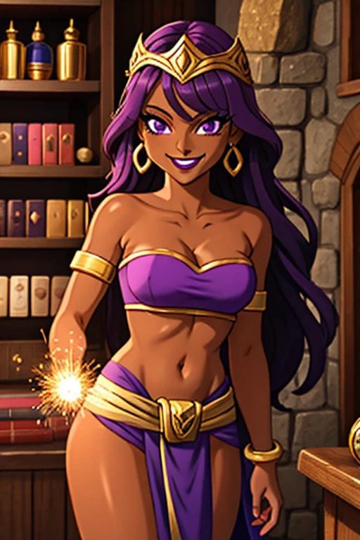 (best quality:1.3), (4K quality),masterpiece, best quality, high res, detailed, (Detailed face:1.2), (Detailed eyes:1.2), (Perfect figure:1.2), CARTOON, ANIME, CARTOON ARTSTYLE, Fantasy style, Fantasy setting, solo, 1girl, 25 year old woman, sorceress, (Dark skin:1.5), purple hair, wavy hair, long hair, purple eyes, mascaras purple eyeshadow, smile, purple lipstick, tattoos, medium breasts, waist, slender legs, attractive body, slim figure, perfect shape, (Wearing:golden headpiece, purple strapless top, purple loincloth, pelvic curtain, golden armlets), looking at viewer with an amused smile, both hands glowing bright purple, purple magic, bright purple sparks in both hands, BREAK (Indoors, stone room, shelves filled with books and potions)
