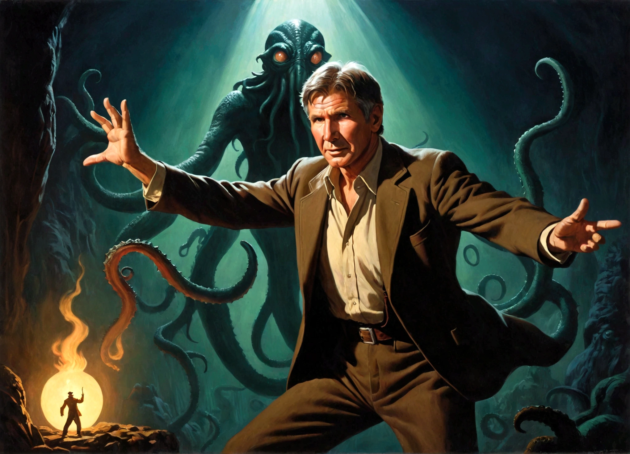 a 30 year old Harrison Ford in adventurer's gear, dramatic pose, Cthulu and its dark shadow reaching for him, 50s movie poster, (best quality,4k,8k,highres,masterpiece:1.2),ultra-detailed,(realistic,photorealistic,photo-realistic:1.37), cinematic, dramatic lighting, vibrant colors, retro style, epic, chiaroscuro, moody atmosphere