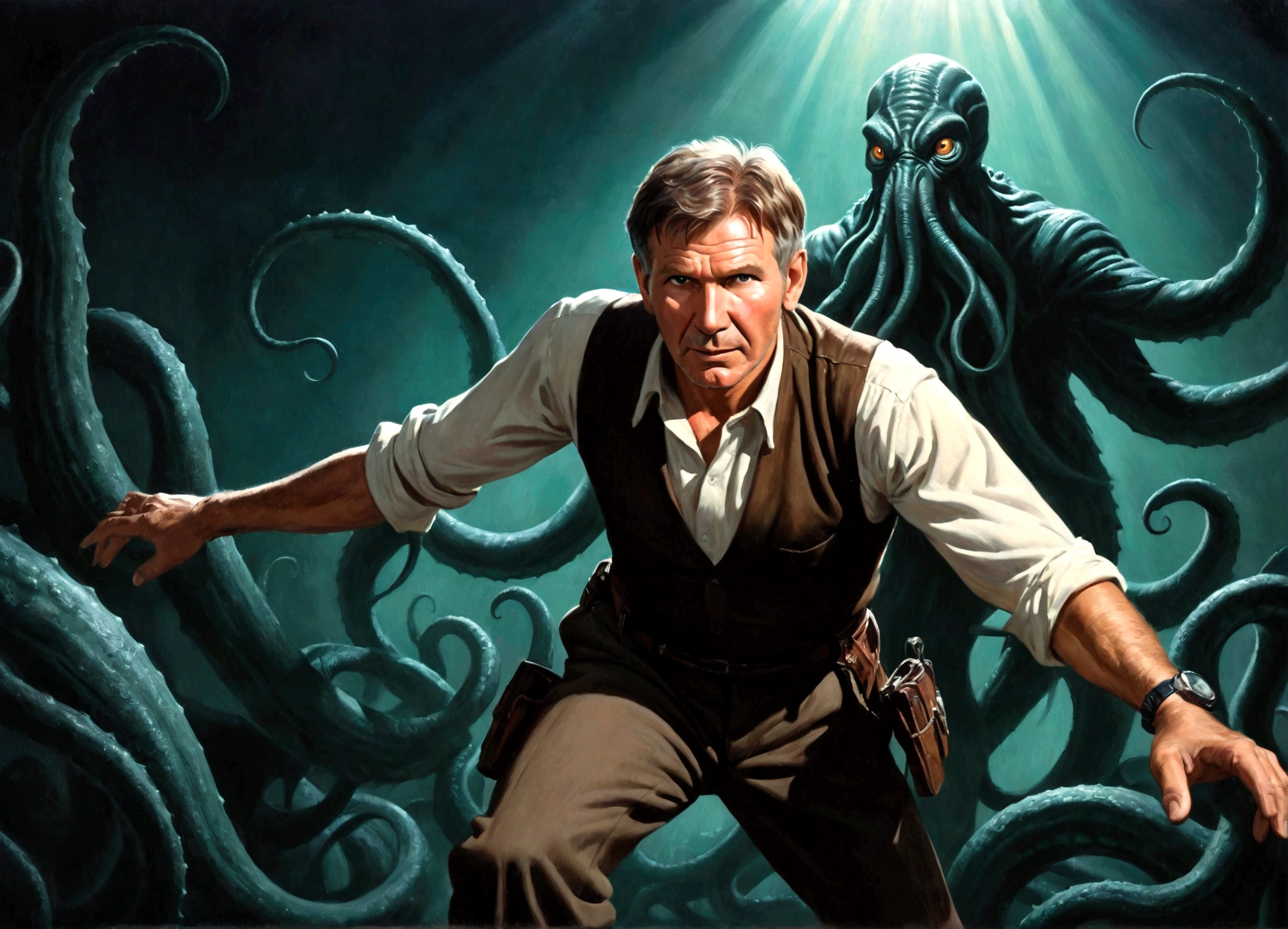 a 30 year old Harrison Ford in adventurer's gear, dramatic pose, Cthulu and its dark shadow reaching for him, 50s movie poster, (best quality,4k,8k,highres,masterpiece:1.2),ultra-detailed,(realistic,photorealistic,photo-realistic:1.37), cinematic, dramatic lighting, vibrant colors, retro style, epic, chiaroscuro, moody atmosphere