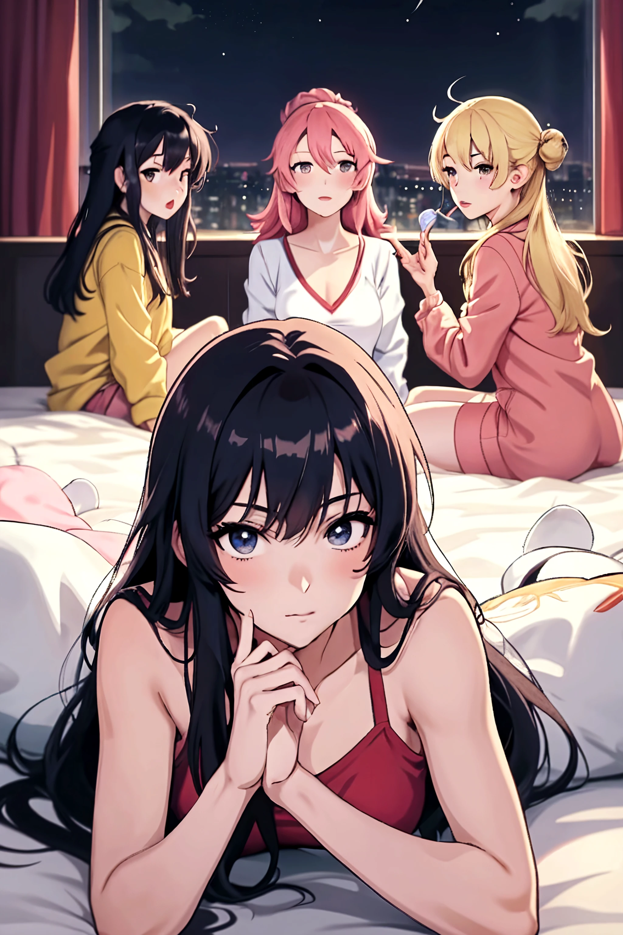 (3girls, lying on bed, Weakness、sitting down exhausted、Pale face、Lack of strength、), (masterpiece, best quality, ultra detailed),