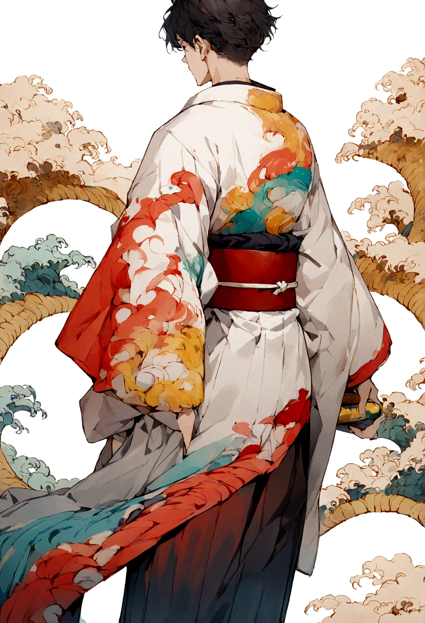 Japanese boys illustrator wearing Japanese clothes, back with a sea wave design, zoom out, white background, paint ilustrator,