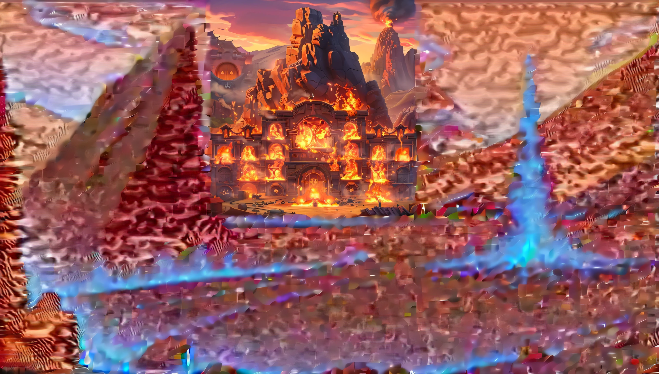 with a volcano in the background, There is lava fire below