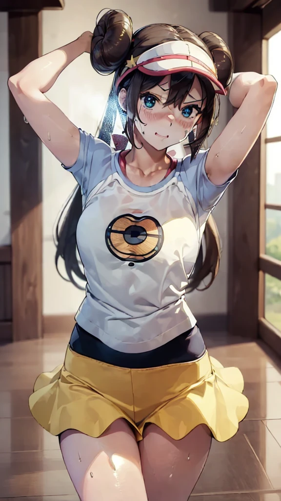((masterpiece:1.4)), ((最high quality:1.4)), ((masterpiece)), ((最high quality)), ((Intricate and detailed:1.4)), ((Super detailed)), 11-year-old female, Perfect body, Perfect clear skin, Surreal, Hyperrealism, Realistic, 超high quality, masterpiece, high quality, beautiful, Sexy Face, (Big eyes:1.3), beautiful目, Hyper Detail, Super detailedな目, cute, Tone it down a bit, fit, Sexy waist, Sexy Hips, Perfect Legs, Thigh Gap, To the camera, Rosa(Pokemon), 1 girl, alone,Double good, Hair Bun, Visor Cap,T-Shirts,((T-Shirtsに乳首が透ける)),((T-Shirtsに汗)),((Long nipples)),(((skirt))), Brown Hair, blush, (体にfitした衣装、Tight outfit),indoor,((Against the backdrop of a medieval aristocratic mansion,playful nature:1.4))(Blurred Background:1.2), Detailed Background,(((Lots of sweat)))