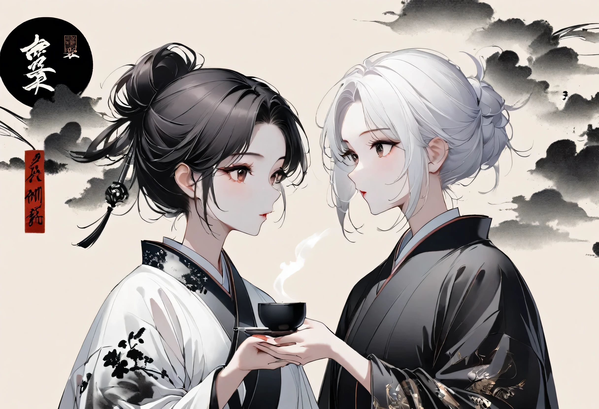 (Leave a lot of white:1.5),white, White background, simple, Minimalism, abstract,Freehand,Aesthetic,Tai Chi,Gossip,Black and white,Taoist style,Ink Painting,antiquity,Lotus,Girl drinking tea