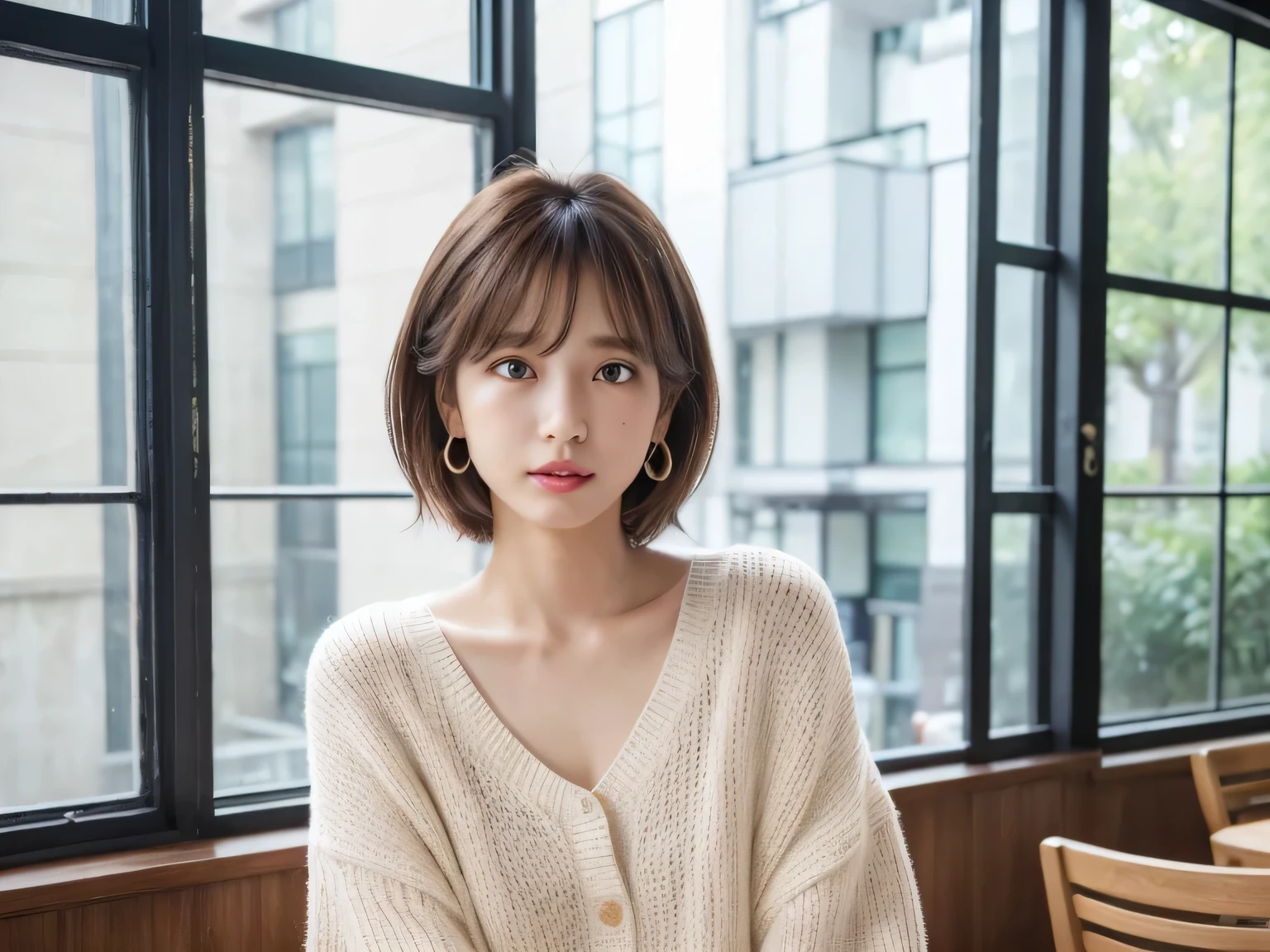 8k, masterpiece, RAW Photos, highest quality, Realistic, extremely detailed CG unity 8k wallpaper, Cinematic Light, Lens flare, Ray Tracing, (Very beautiful face, Beautiful Lips, Beautiful Eyes, Big eyes), ((Highly detailed skin)) 1 girl, Deep Shadow, Beautiful Japanese Women, 1 girl, (Very slim, toned and muscular body:1.2),Serious expression, (morning, (Blurred Background), Pale Light),indoor, (No people in the background:1.3), Beautiful earrings, bracelet, necklace, Clear Eyes, Iris, Inside the cafe,Drink coffee,Looking out the window, Full Body Shot,Long Shot,Knitted cardigans