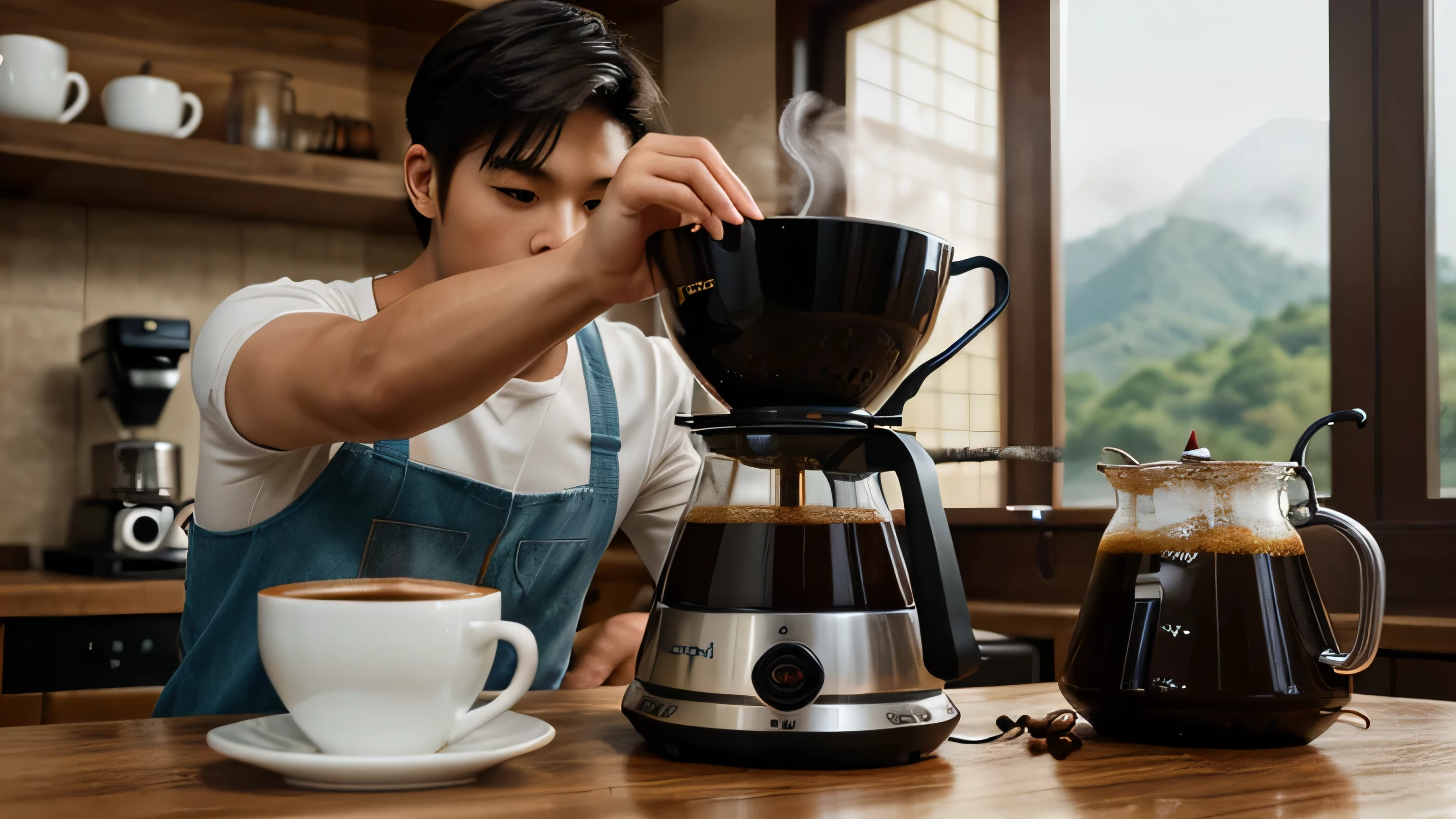 Create an image of a handsome young man. Like a Korean star, 28 years old, the atmosphere is strong. Manual coffee grinding settings with a clear glass server placed on a wooden table with a backdrop of lush rice fields and misty mountains. The scene consists of a person's hand pouring hot water from a kettle into a coffee dripper. You can see all the coffee beans in the grinder. and two brewed coffee cups were on the table.