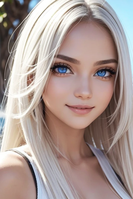 Chica elfa ,piel blanca,ojos azules, pechos grandes, cabello blanco, cuerpo hermoso , rostro sonriente