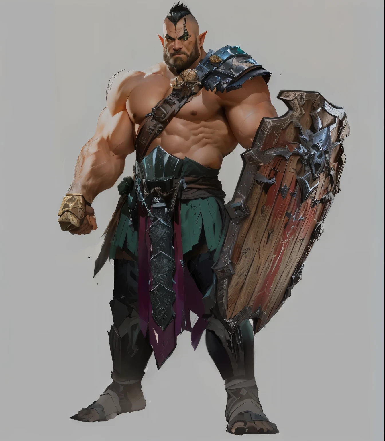 Close-up of a man holding a shield, barbarian class, dnd giant character concept, Warrior concept art, Hero fantasy character concept, role playing game (RPG) concept art character, Diablo concept art, male barbarian, Male Warrior, picture of an adult Male Warrior, role playing game角色概念艺术, Samurai character design, Warrior dnd role, AuthorShen Zhou, bald orc mechanic,Barefoot,Bestial feet