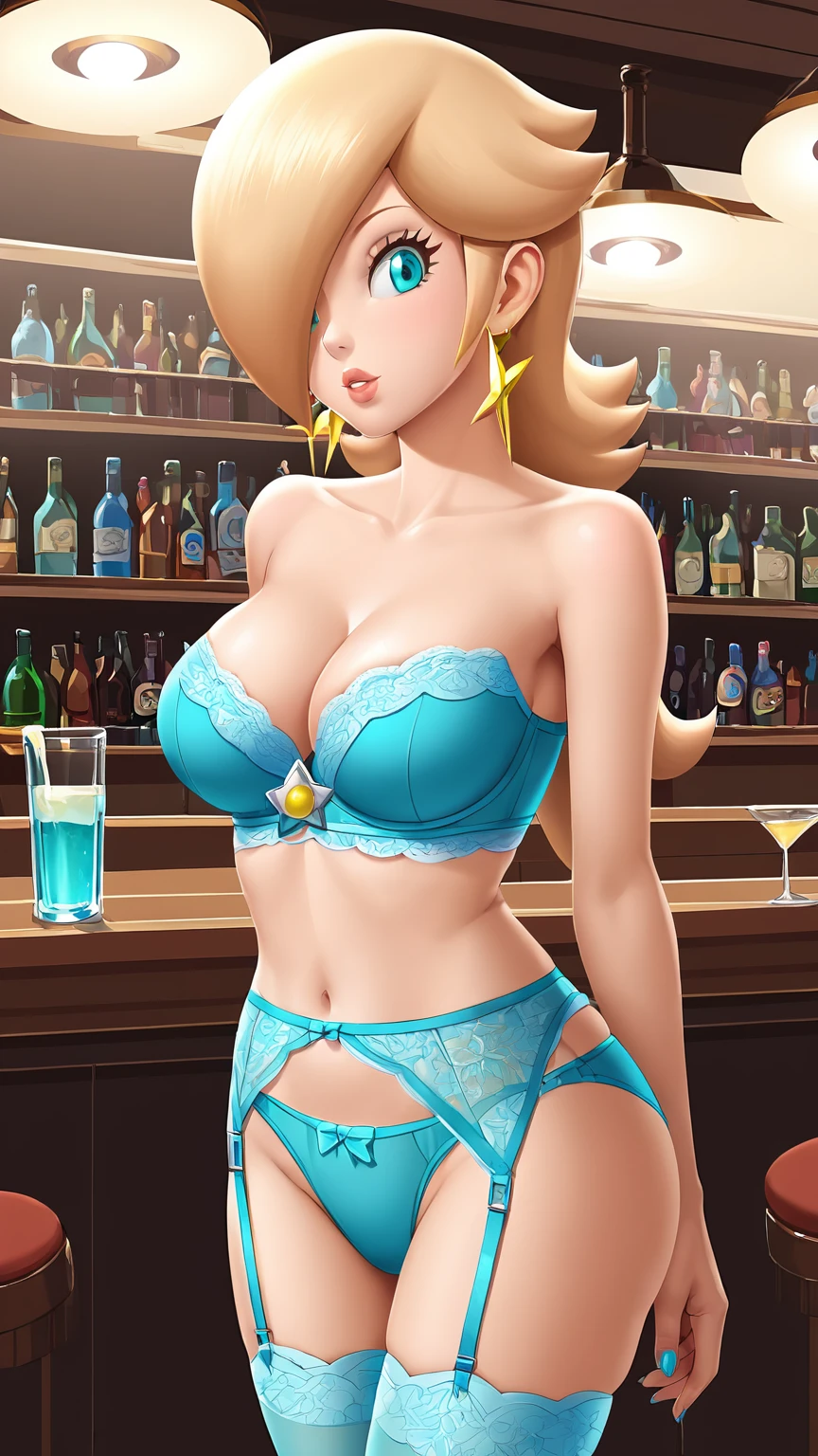 score_9, score_8_up, 1girl, solo, rosalina, style parody, thick outlines, (((blue lingerie))), sleeveless, strapless, cleavage, indoors, bar,