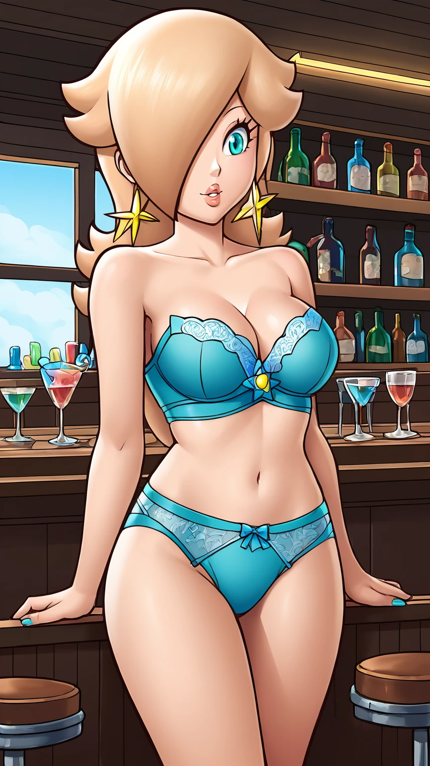 score_9, score_8_up, 1girl, solo, rosalina, style hentai, thick outlines, (((blue lingerie))), sleeveless, strapless, cleavage, indoors, bar, 