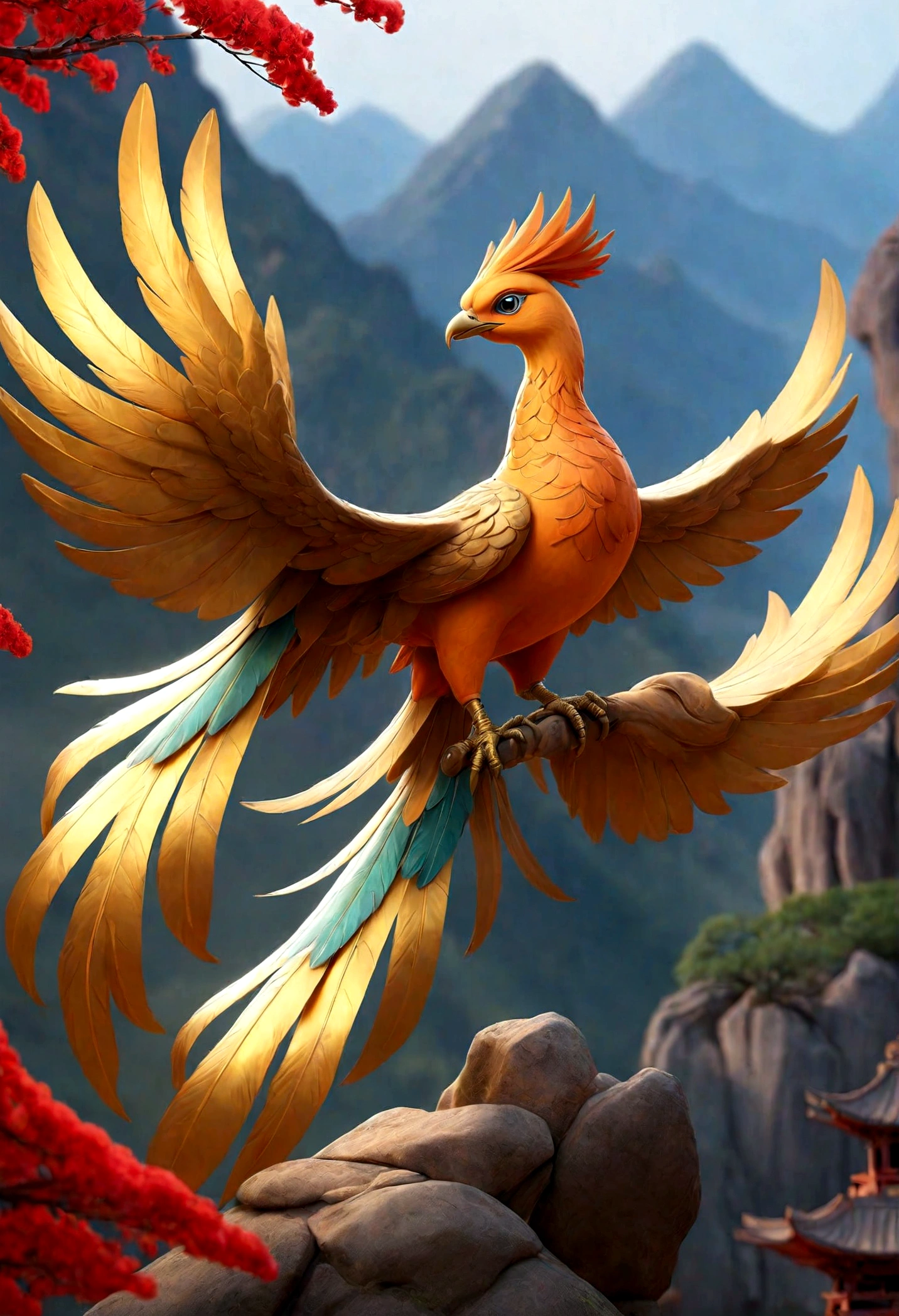 Phoenix, Sacred Birds in Chinese Mythology　More realistic 8ｋimage　 imageサイズ9:16. Gorgeous and gorgeous decorations make for very dazzling art　A beautiful sight with a mountain in the background