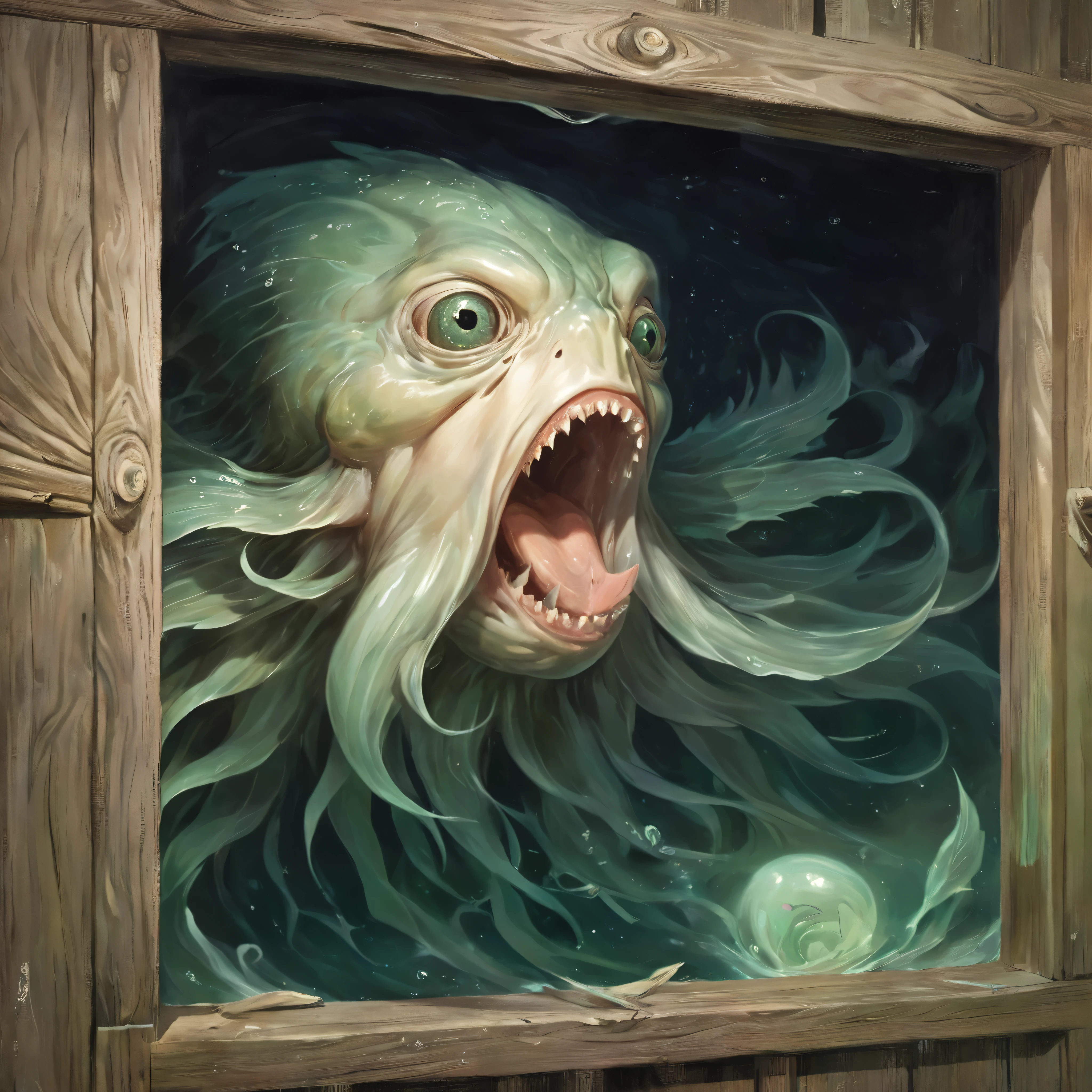 1male\(mad, fuming, weeping, drooling, looking hollow with empty eyes, mysterious words "Ia! Ia! Cthulhu fhtagn" from his mouth, laughing,poor clothes\) is inside the wooden house, outside the window you can see many mermans\(deep ones,greyish-green, white bellies,mostly shiny and slippery,scaly back,vaguely anthropoid, heads of fish, prodigious bulging eyes, palpitating gills at sides of necks,webbed long paws\),(vntg artstyle:1.2),(spirit of the wind:1.2)