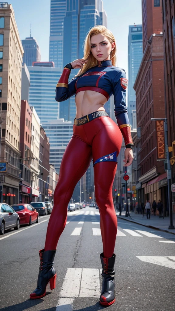 Homelander female version (El patriota), The Boys, classic outfit, capa de bandera USA, guantes rojos adornados, botas rojas adornadas, cuerpo muy delgado, skynny body, small and beautiful buttocks, abdomen tonificado, beautiful and perfect small breasts,piernas hermosas, intelligent, poder resplandeciente, obscena, super powerful, sensual, en el fondo se observa la ciudad de Nueva York, ojos laser, classic hairstyle,Hair dyed in bright blonde color, Best quality,8K,A high resolution,Masterpiece,Ultra detailed,Realistic, Photorealistic,photo realistic