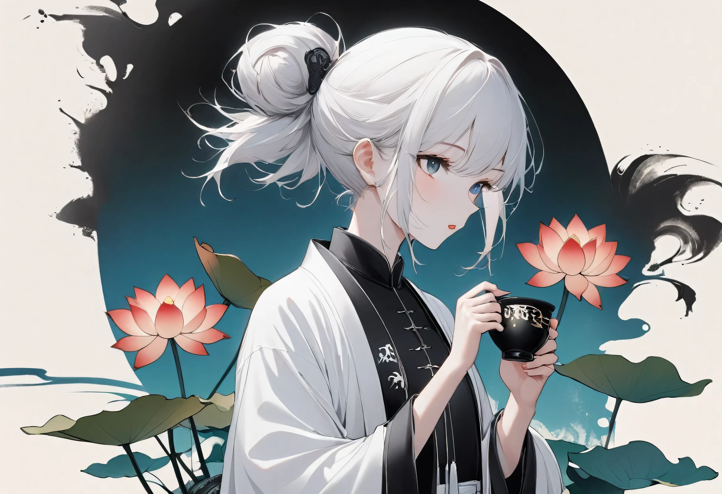(Leave a lot of white:1.5),white, White background, simple, Minimalism, abstract,Freehand,Aesthetic,Tai Chi,Gossip,Black and white,Taoist style,Ink Painting,antiquity,Lotus,Girl drinking tea