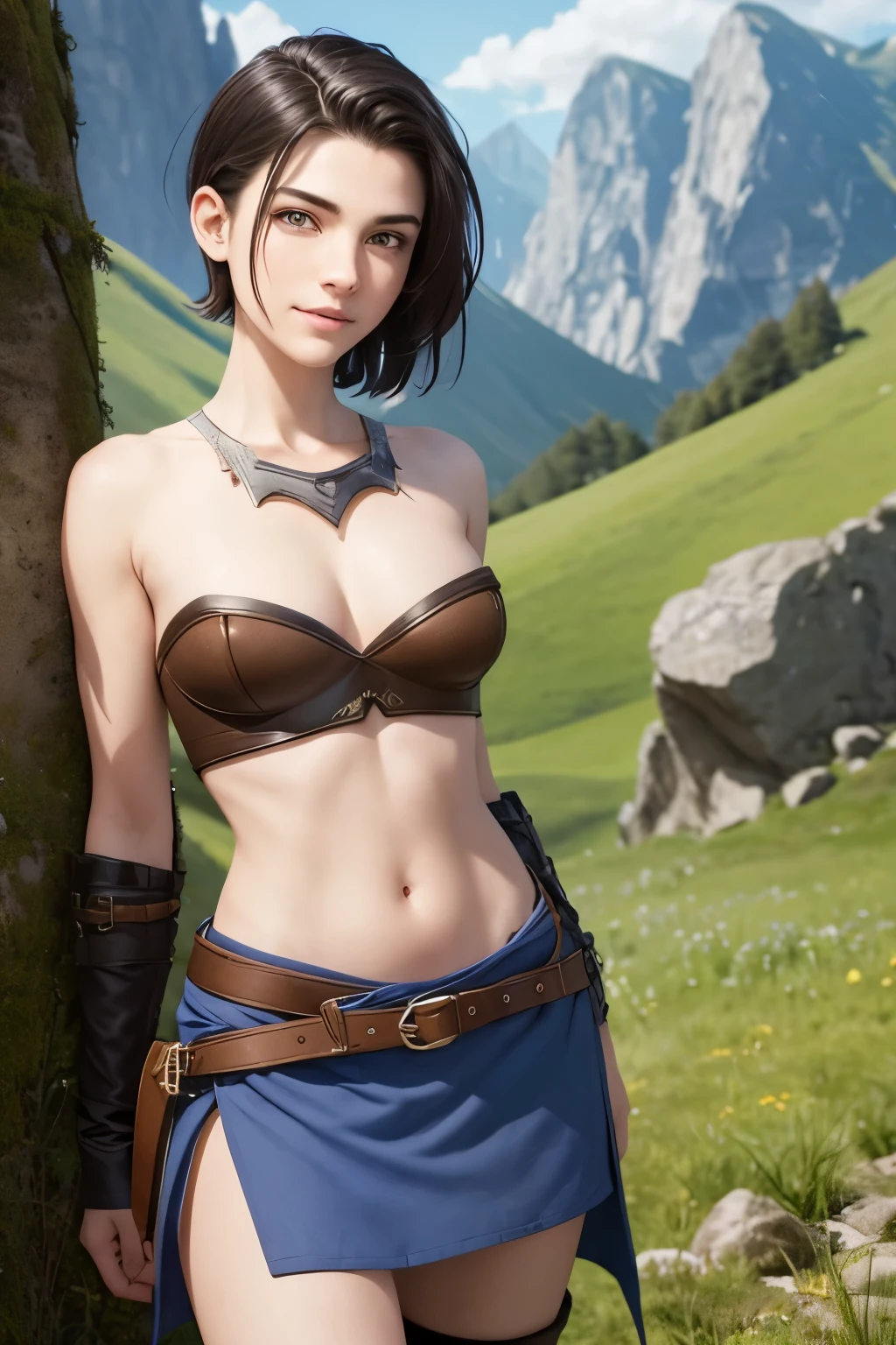 A happy young woman with an undercut in a fantasy setting. An adventurer and a ranger. Very androgynous looking. In a good mood. Sympathic. Tomboyish. Androgynous. Slim body. Very . Very small . Wide hips. Thick legs. Face: Extremly pale skin with liverspots and freckles. Soft narrow face with a round chin. Soft small jaw. Big forehead. Very thin barely visible eyebrows. Upturned big dark-brown eyes. Dark-brown eyecolour. Very long and wide nose. Big curved lips. Very short dark-brown hair. A boyish short haircut. Undercut. Sides shaved. A tight fantasy outfit of a lonley adventurer and ranger. Background: green meadow and a blue sky.