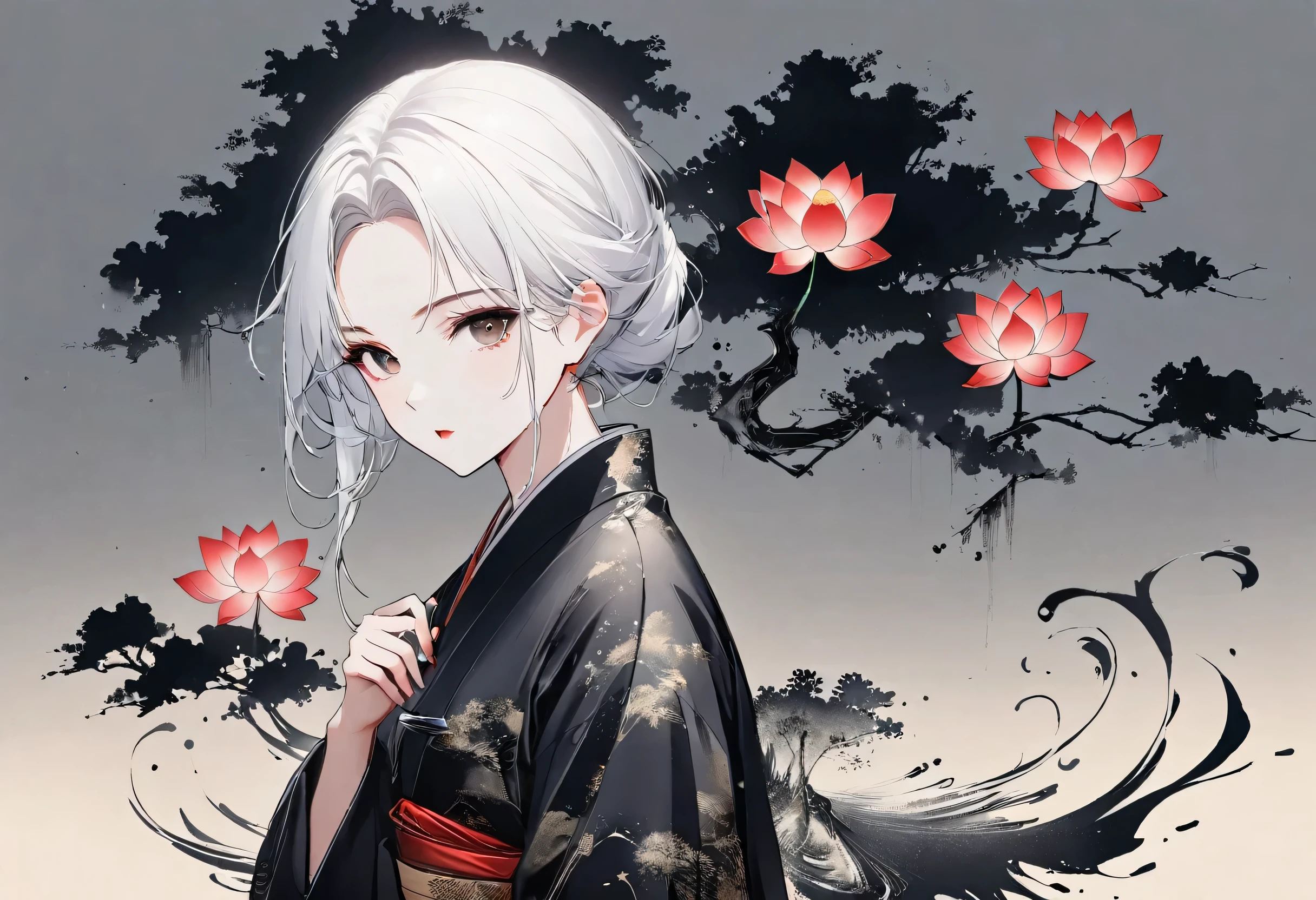 (Leave a lot of white:1.5),white, White background, simple, Minimalism, abstract,Freehand,Aesthetic,Tai Chi,Gossip,Black and white,Taoist style,Ink Painting,antiquity,Lotus,Girl drinking tea