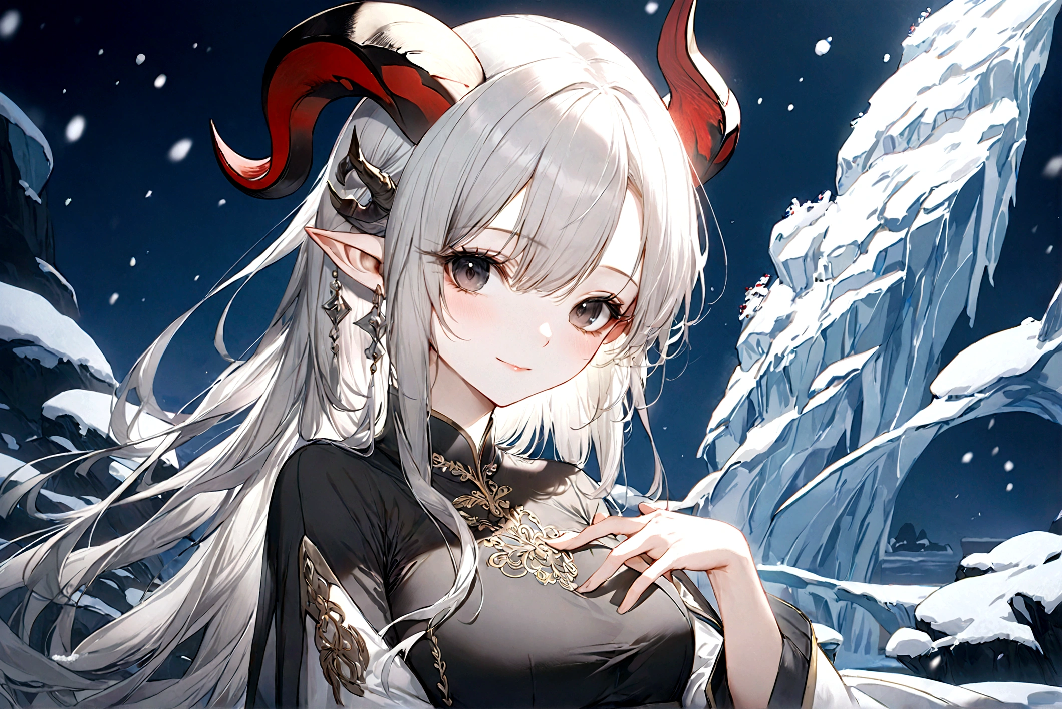 (best quality, highres, masterpiece : 1.4), (arknight), (flatten art : 0.8), masterpiece, (best quality), dark environment, 1woman, anime, long hair, white hair, straight hair, big horns, pale skin, dark eyes, long pointy ears, tall, white ao dai, medium sized breast, slight smile, (detailed face), (intricate hand),(detailed hand), solo, lake, mystical atmosphere, night, snow, ice, winter, close-up
