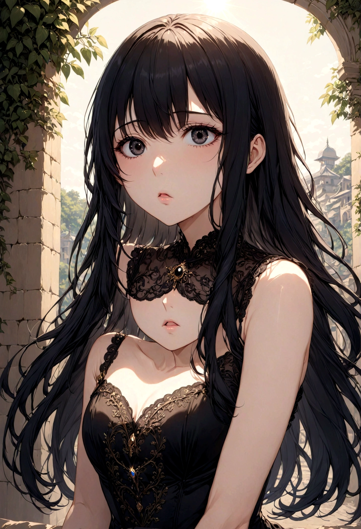 detailed, (masterpiece:1.2), (pale_skin:1.2), (alone:1.2), (woman), thin, (Shine_eye), Long Hair, bangs, Black Hair, Outdoor, No sleeve, black eye,、eyeの間の毛、Naughty look、mocking expression、eyeが光る