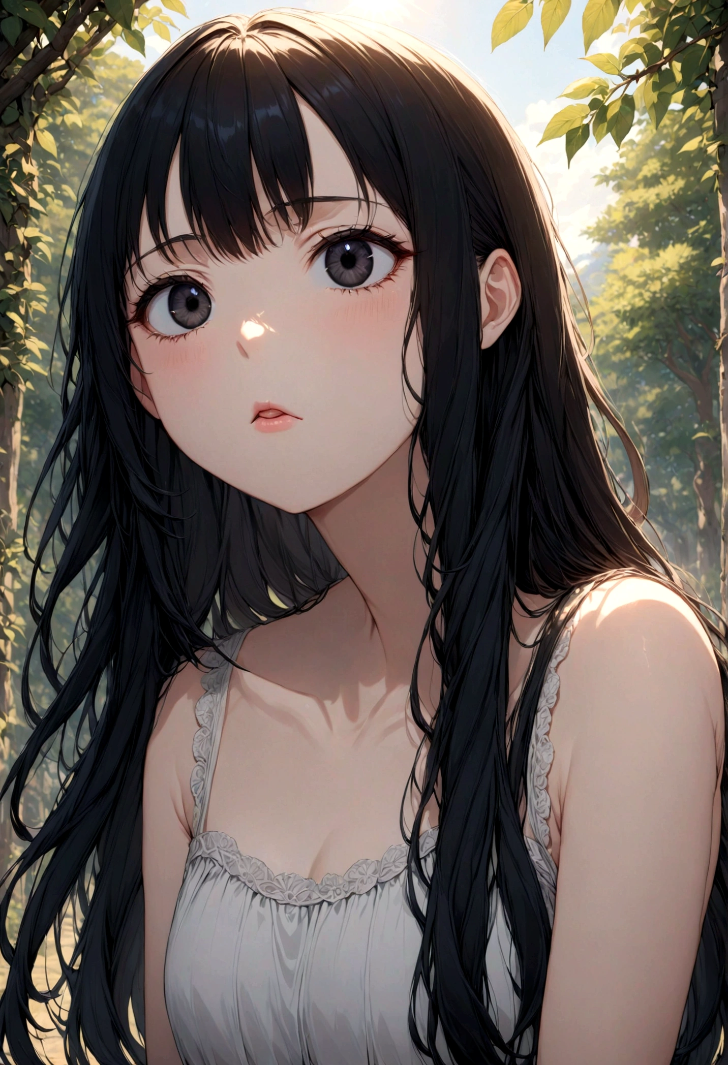 detailed, (masterpiece:1.2), (pale_skin:1.2), (alone:1.2), (woman), thin, (Shine_eye), Long Hair, bangs, Black Hair, Outdoor, No sleeve, black eye,、eyeの間の毛、Naughty look、mocking expression、eyeが光る