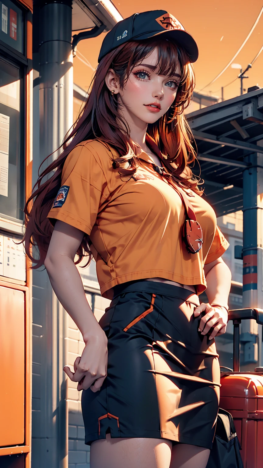One girl, alone, Redhead, Red eyes, Twin tails, Employee uniforms, Pencil Skirt, Cute cat character print, Navy Cap, Orange sky,, Outdoor, station, Stand in front of the bus,, 、Place your hands on your hips、Cowboy Shot