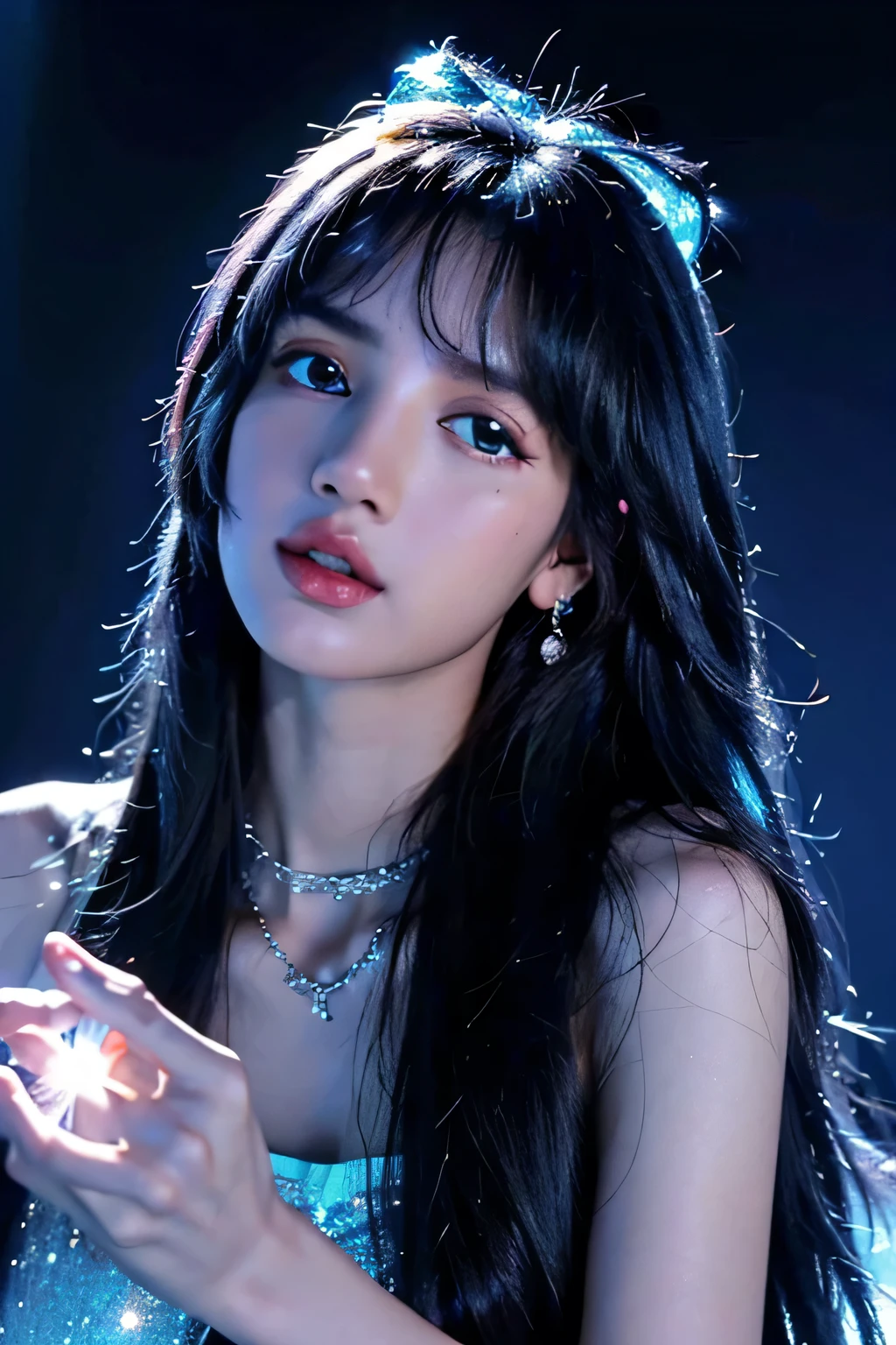 (4K:2.0), (ultra hd), Masterpiece, ((1girl)), beautiful face, (glowing face:1.5), detailed eyes, (ultra long flowing hair:1.5), (black and blue mixed hair color:1.2), crystal hair ornaments, earrings, necklace, (very beautiful:1.5), Blue dress, bare thigh, princess dress, jewellery, (soft light:1.5), (spreading lights:1.5), beautiful bright glowing, low lighting, dark views, (complex shadow:1.2), looking at viewers,