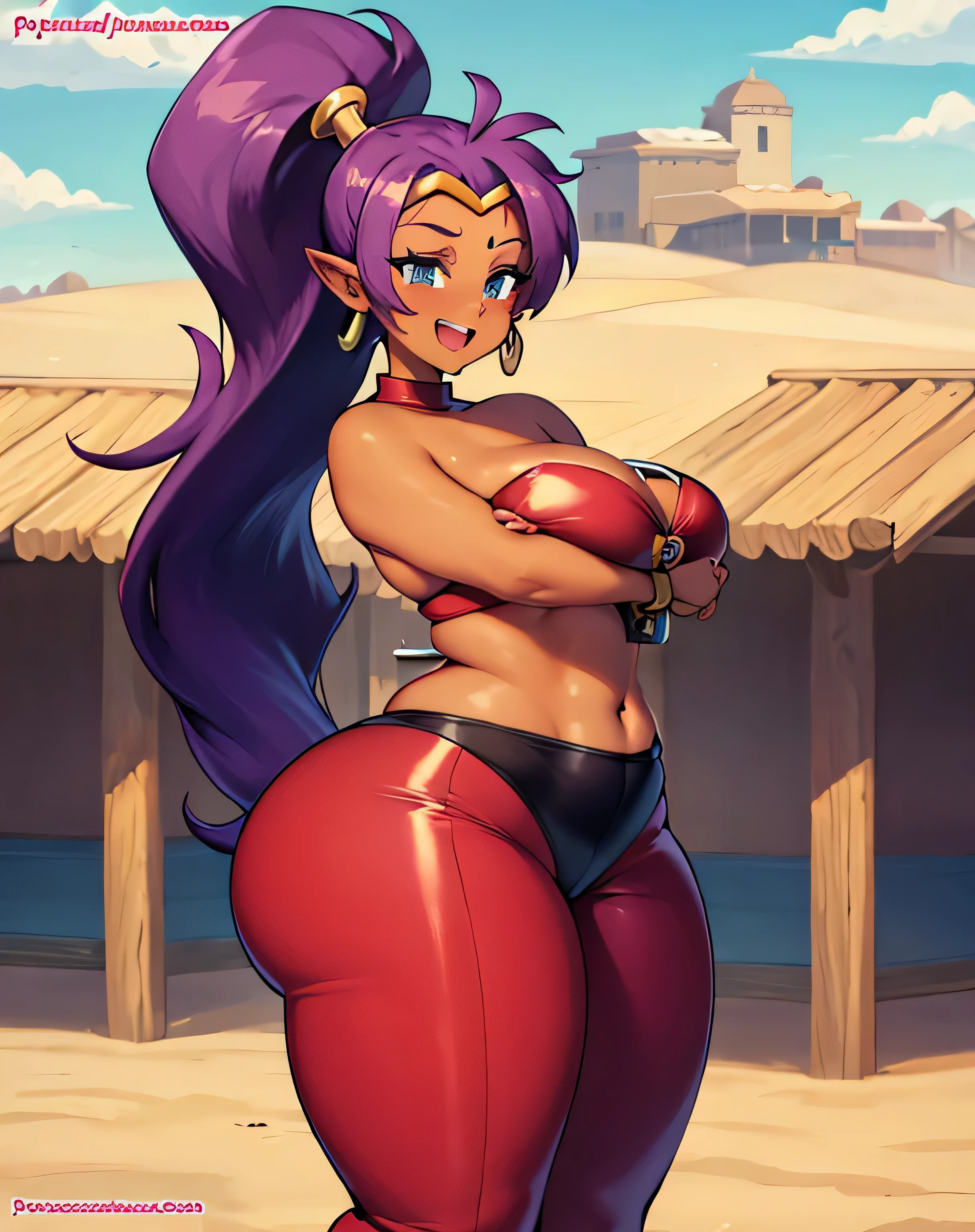 Shantae, tiara, Gargantilha, brincos de argola, bandeau o-ring, Clamps, red latex pants, seios grandes, sorriso, dentes, muito gorda, quadris super largos, bunda grande, peitos enormes, barriga grande, gordinha, big arms, barriga de gordura dupla, plano de fundo: mercado ambulante no deserto
