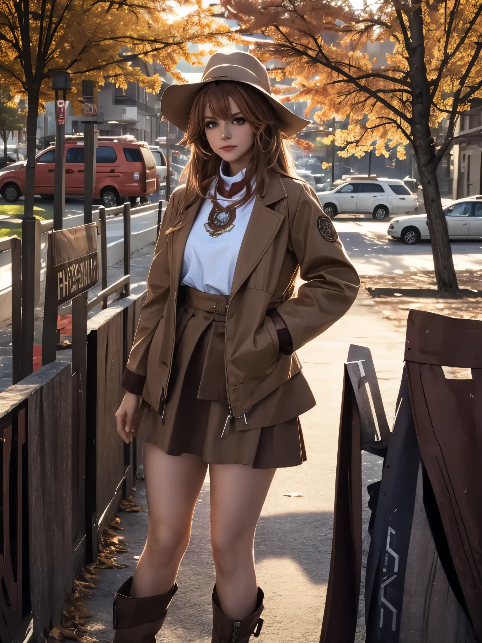 a woman in a cuero jacket and skirt posing for a picture, cuero clothing, cuero clothes, short brown cuero jacket, cuero, cuero clothing and boots, cuero jackets, very aesthetic cuero jacket, brown cuero jacket, chaqueta cafe, wearing a brown cuero coat, cuero jacket, wearing cuero, by Gabriel Bá, wearing brown cuero jacket