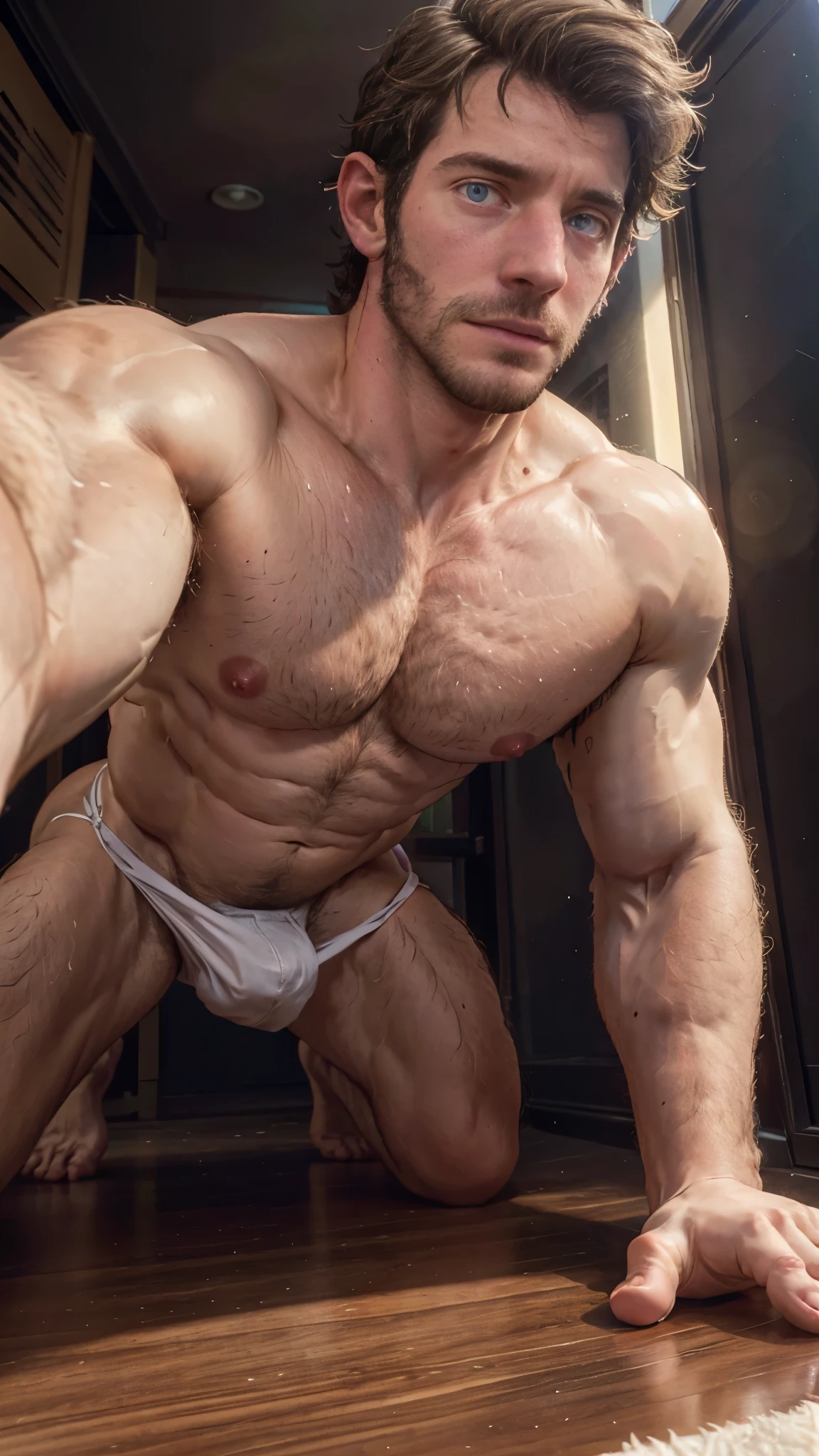Masterpiece, denoise, void noise, one man, best quality, 8k resolution, male focus, focus only, amazing composition, volumetric lighting, super quality, elegant, Very detailed, sunny day, (((front view))), body turned front, -----------, 35 years old, mature face, muscular, thin body, Caucasian, ((((white skin)))), handsome, (detailed light-blue eyes, detailed eyes), (((light brown hair))), ((big ears)), (((hairy pectorals, thick plenty chest hair))), ((((pale skin)))), (((Medium length beard))), (((((Jim Sturgess, Russell Tovey ))))), ------------, ((((wearing full white briefs)))), (((shirtless))), (((big pink nipples))), (((on fours crawling))), ((holding screen like selfie))