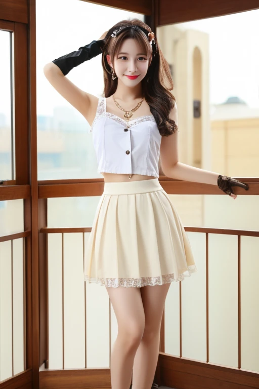 (high quality)、(High resolution)、2 people、Look at me with a smile、whole body、(Big Breasts:1.3)、Thin and beautiful legs、(Soft thighs)、(A tight sleeveless shirt with buttons, frills and a collar:1.0)、(A short skirt with frills so short that you can almost see her panties:1.2)、(Erect nipples:1.2)