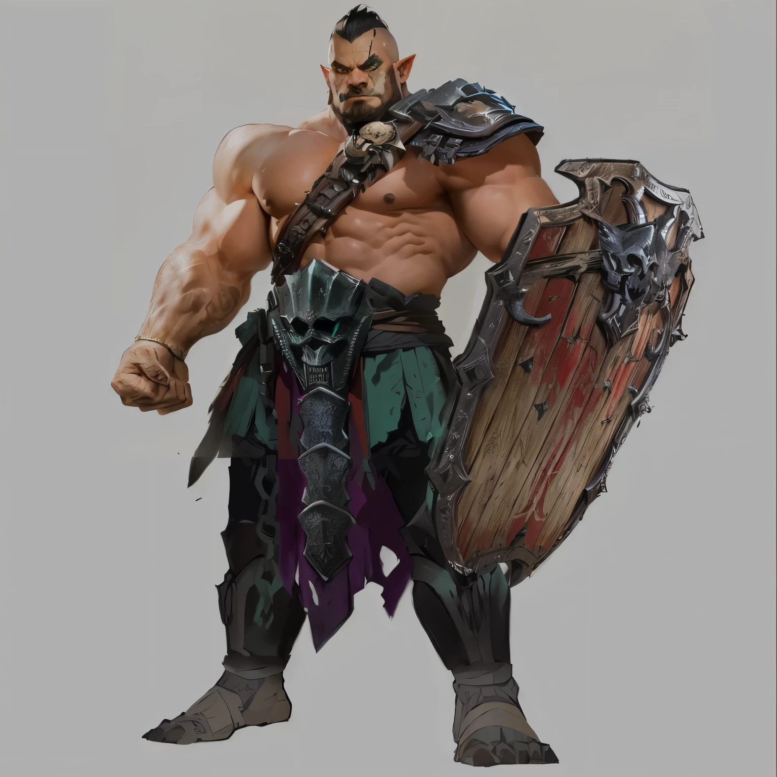 Close-up of a man holding a shield, barbarian class, dnd giant character concept, Warrior concept art, Hero fantasy character concept, role playing game (RPG) concept art character, Diablo concept art, male barbarian, Male Warrior, picture of an adult Male Warrior, role playing game角色概念艺术, Samurai character design, Warrior dnd role, AuthorShen Zhou, bald orc mechanic