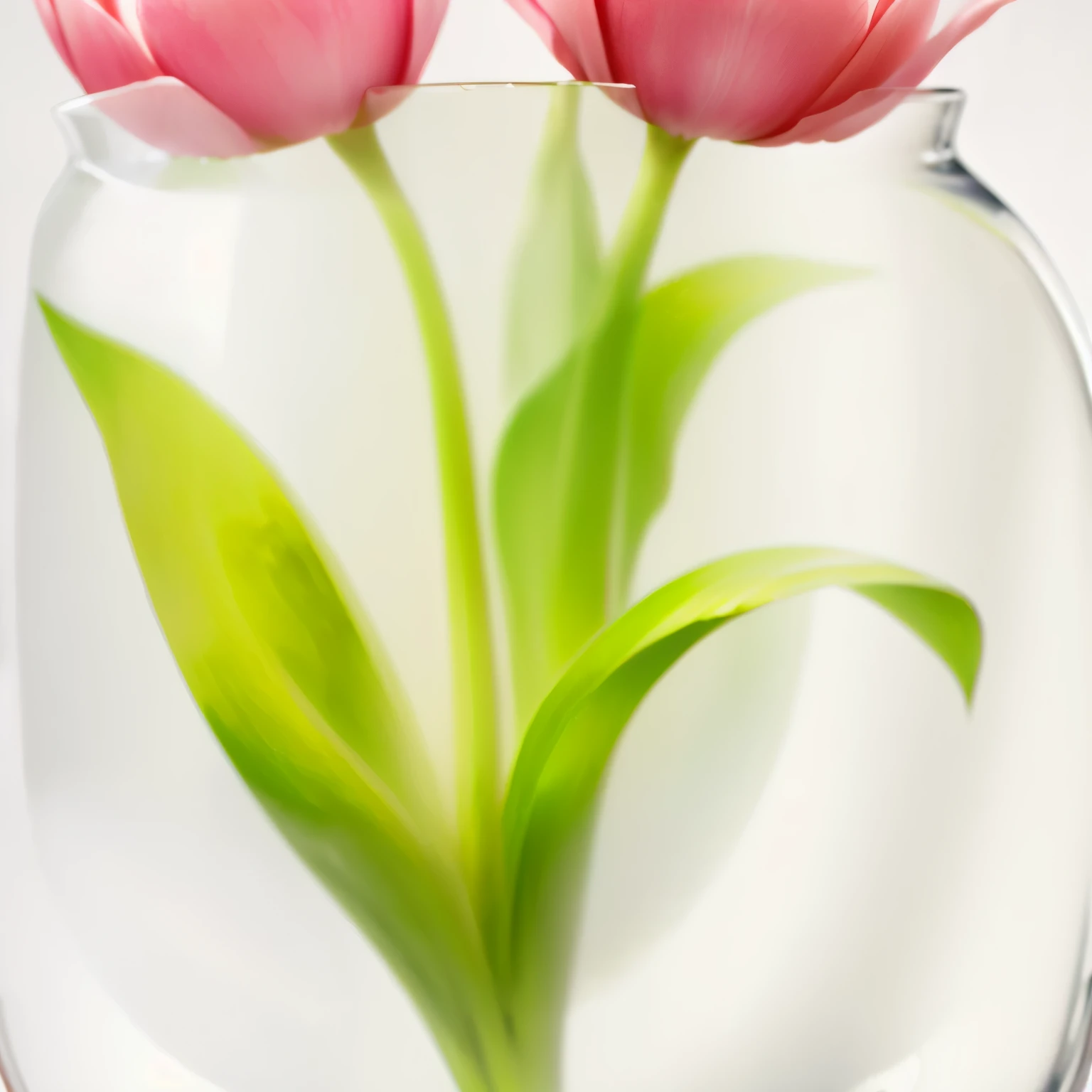 There are two pink flowers in a transparent vase,There is water inside, soft number绘画, glossy number绘画, elegant number绘画, high detail number绘画, tulip, Smooth. number绘画, in style of number绘画, a number绘画, Low Detail. number, Super detailed. number, Soft flowers, detailed number, Digital painting, Inspired by jeonseok lee