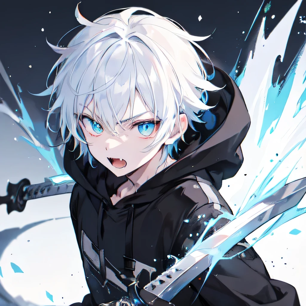 1Boy, Boyish, Catboy, Fangs Showing, Ultra-detailed Ice-colored Dragon Eyes, Eye-focus, Snow-White Hair, Head Shot, Cute Expression, Tight Hoodie, Plain Background, Dual wielding, sword, holding sword, black flames, glow, glowing weapon,