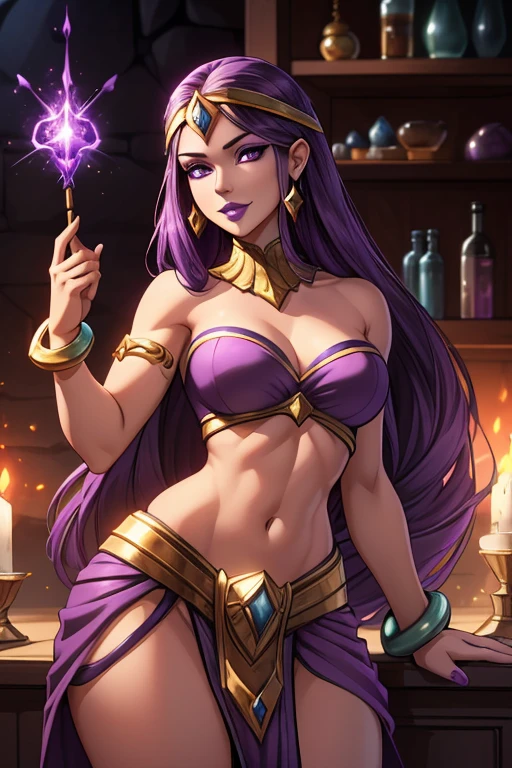 (best quality:1.3), (4K quality),masterpiece, best quality, high res, detailed, (Detailed face:1.2), (Detailed eyes:1.2), (Perfect figure:1.2), Fantasy style, Fantasy environment, solo, 1girl, 25 year old woman, sorceress, (Dark skin:1.5), purple hair, wavy hair, long hair, purple eyes, mascaras purple eyeshadow, smile, purple lipstick,(covered in tattoos:1.2), medium breasts, waist, slender legs, attractive body, slim figure, perfect shape, (Wearing: golden earrings, purple strapless crop-top, purple loincloth, bracelets, golden knee-high boots), looking at viewer, both hands glowing bright purple, purple magic, bright purple sparks in both hands, BREAK She's a sorceress that wields her magical powers with grace and precision, showcasing her exceptional abilities, She exudes an air of mystery and power, The artwork captures the essence of a strong and alluring character, (Strong and alluring character:1.3)
