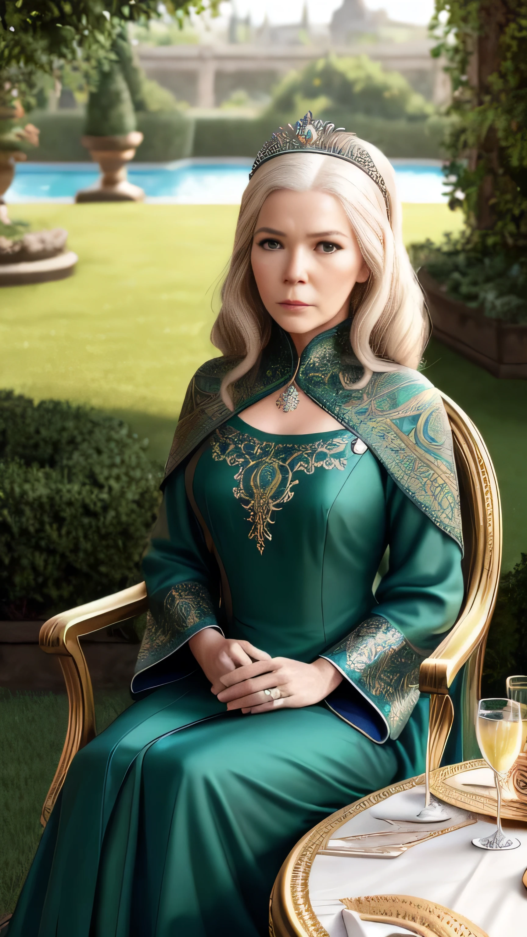 (Diana Rigg) as Olenna Tyrell, rich mature lady, long green royal dress, diadem, sitting, on the luxury chair, near luxury round table, in the garden, Game of Thrones, (1woman), (solo), (full body view), beautiful detailed glow, detailed, cinematic light, intricate detail, realistic, highres, detailed facial features, high detail, sharp focus, smooth, aesthetic, extremely detailed, stamp, octane render