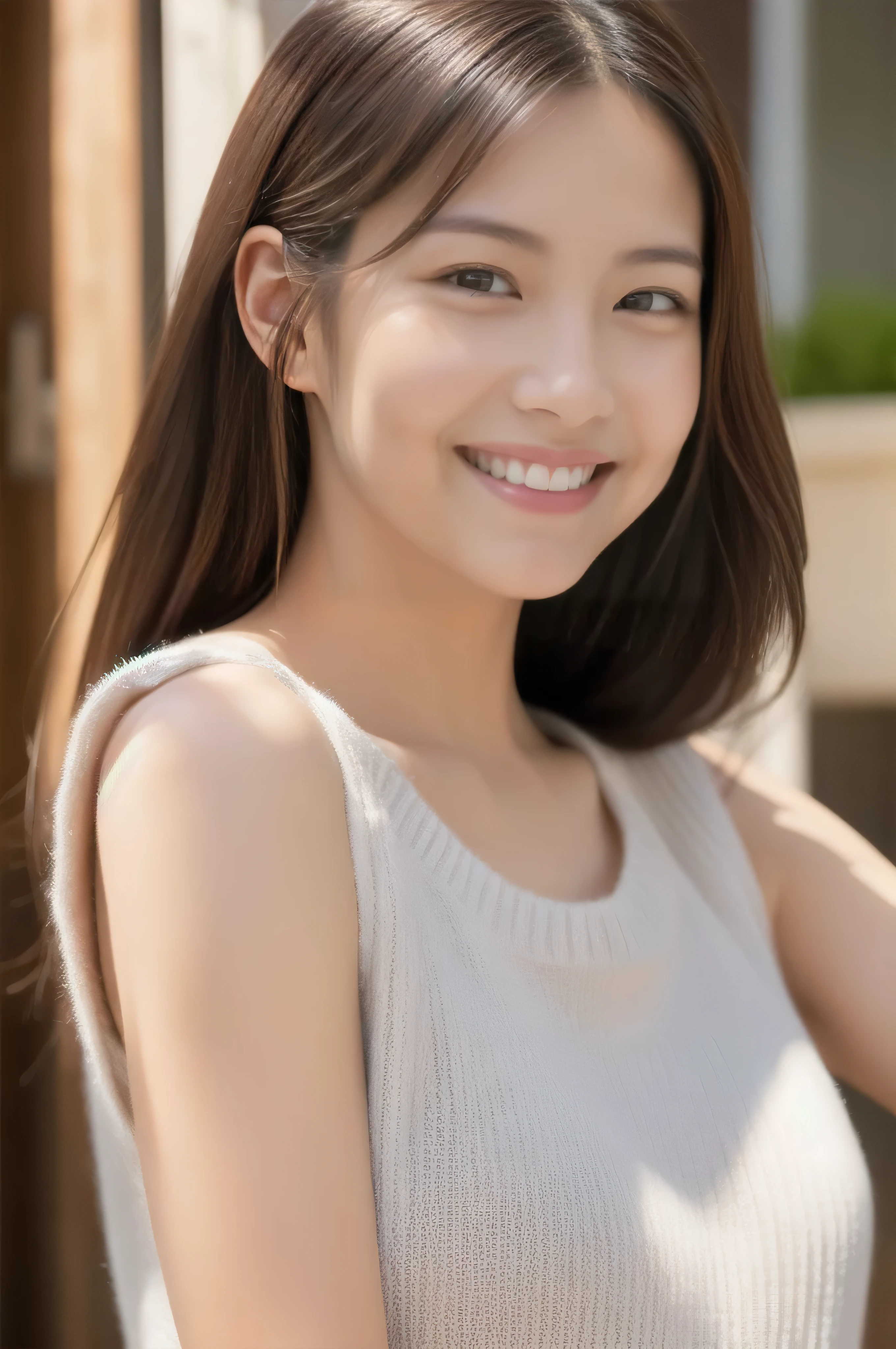 The face of a hostess、Sleeveless knit、High quality、Ultra-realistic、fine、Smiling face、Slim perfect figure、Japanese beauty、 Perfect Eyes、Radiant Skin、Upper body