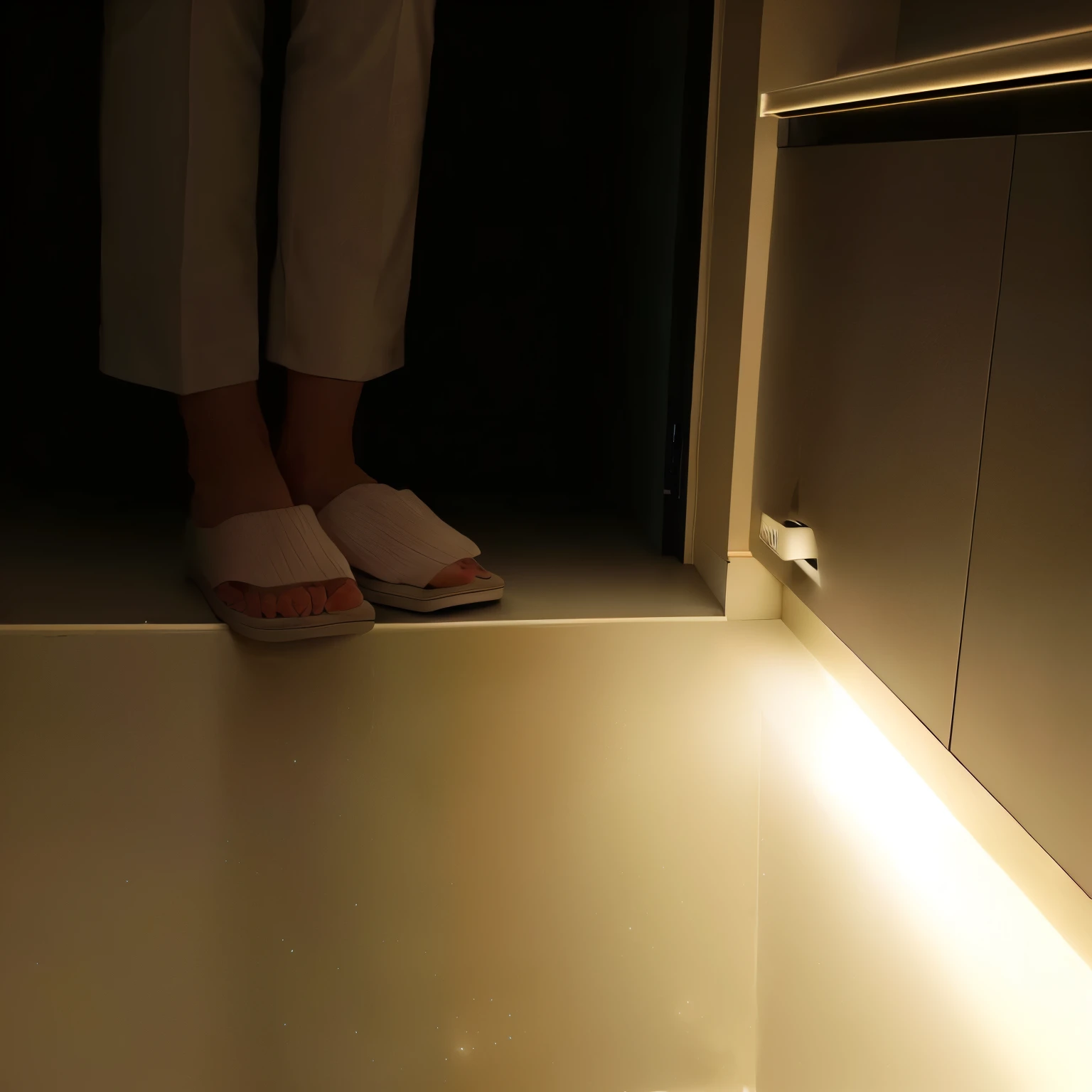 there is a person standing in a bathroom with a light on, no light penetrates to room, bottom lighting, [ realistic photo ]!!, capsule hotel, nighttime!, right side key light, nighttime!!, night light, paisible night lighting, nightlight, oled lights in corners, in a hotel hallway, night lighting, bottom up lighting, bright internal light