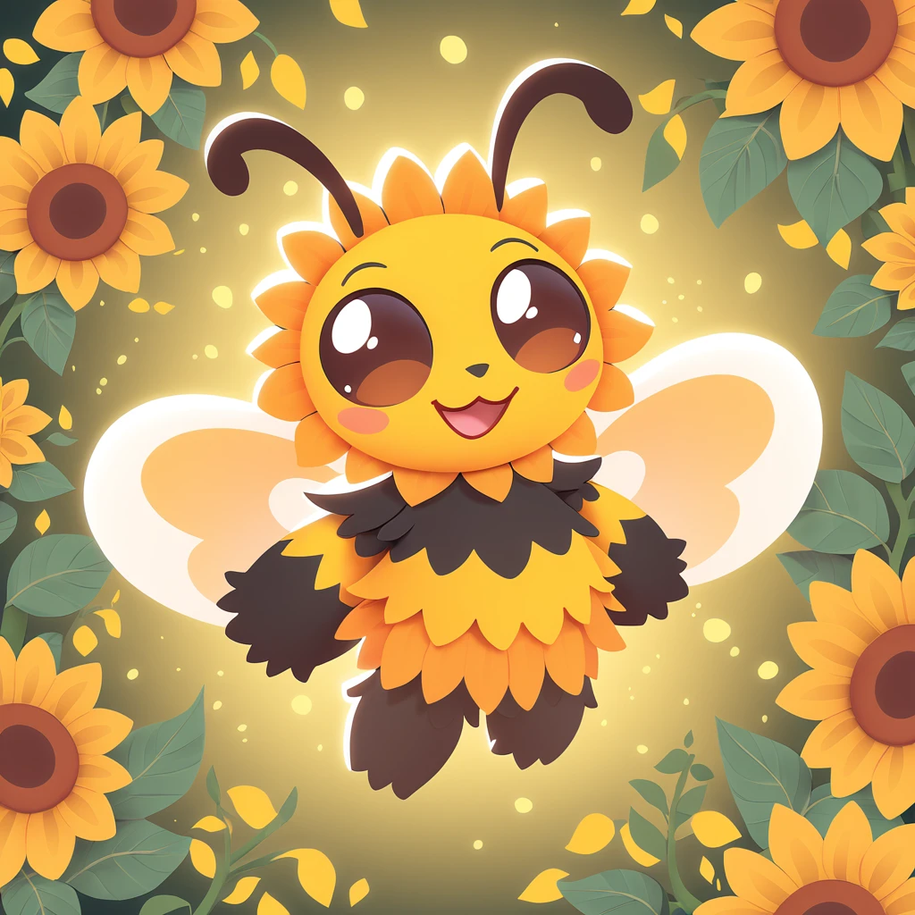 fuzzy Bumble Bee in animated art style with sunflower garden background too cute to exist