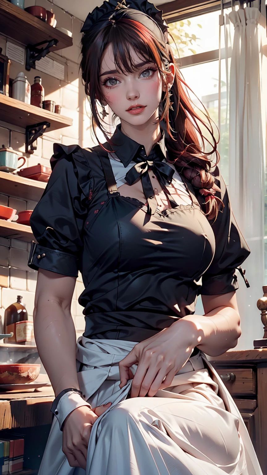 One girl,foot,a girl at building,(((building))), Braided bangs,Braided Ponytail,(alone:1.2),apron,Thick thighs,Side tie panties, Black Hair, 16 years old,View your viewers, sunlight,Hanfu, 、Sexy proportions、erotic、adult、Narrow waist、Narrow waist、smile