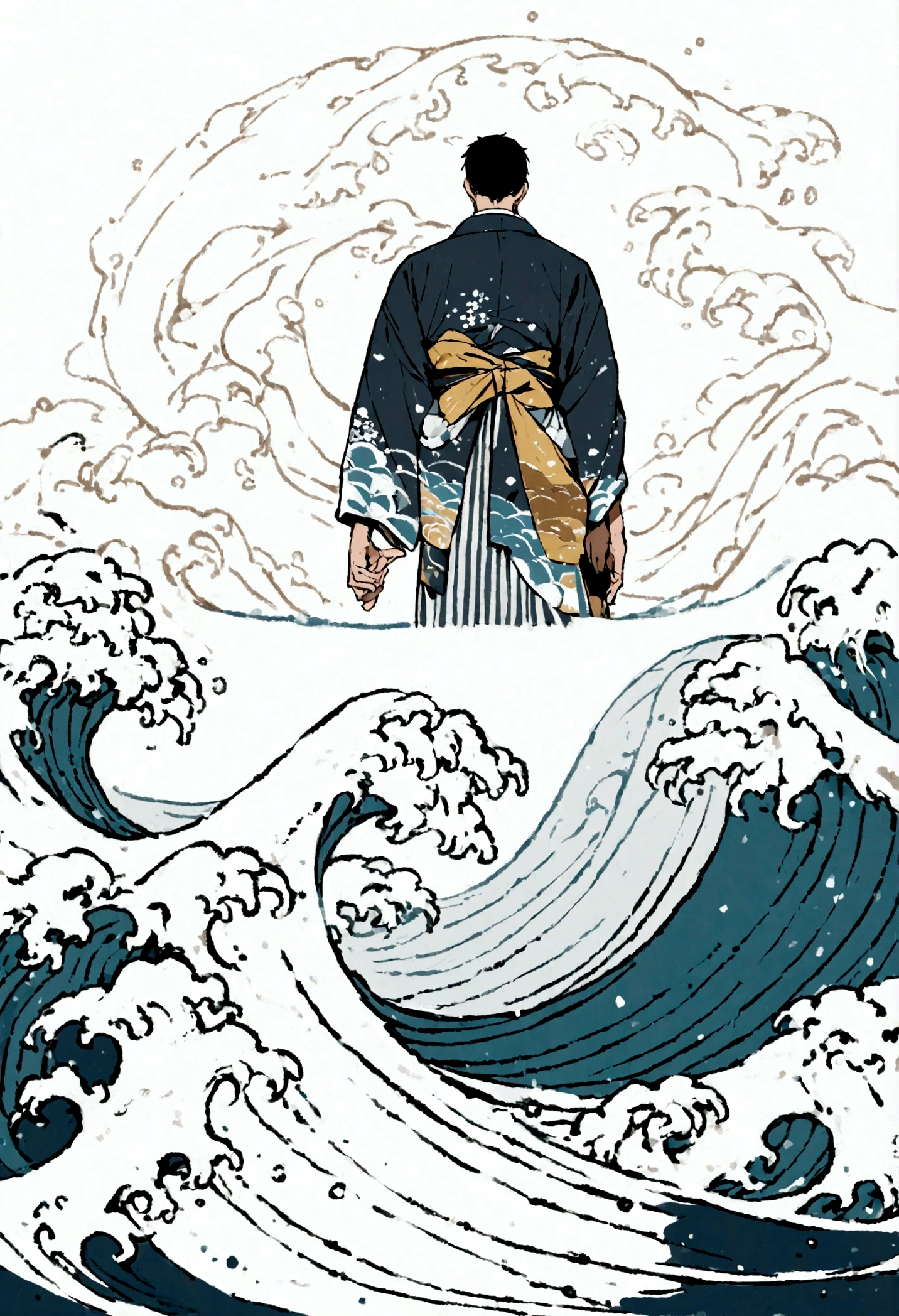 Japanese boys illustrator black and white wearing Japanese clothes, back with a sea wave design, zoom out, white background, paint ilustrator,