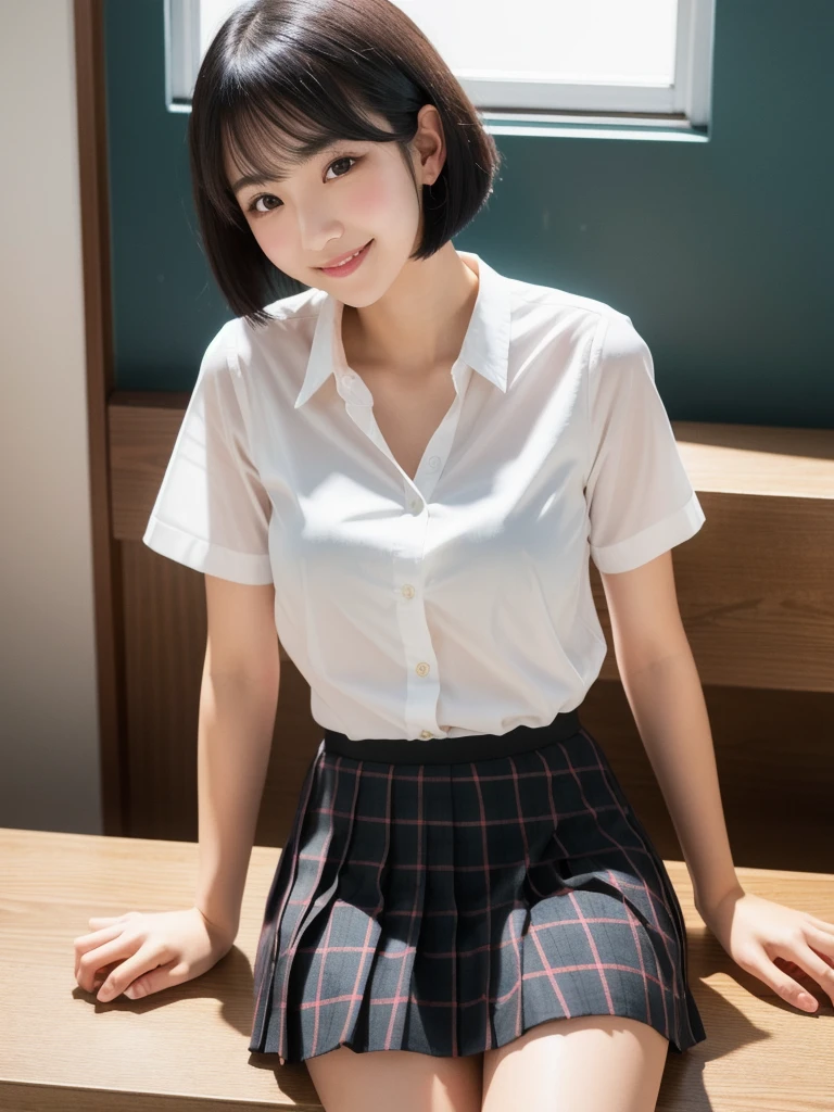 (8k, Photorealistic, Raw photo, Highest quality: 1.4),Japanese idol-style beautiful girl,1 person,,Hairstyle(Short Bob,Black :1.4),She has her hair tucked behind her ears,Large, clear grey eyes,Long eyelashes,Plump Cheeks,Smiling,Thin and delicate shoulders,Thin waist,Blackの靴下を履いている,(Short sleeve blouse(White,Plain)Wear it next to your skin(Unbutton)),(Pleated skirt(Plaid)Wear),School classroom,(Sit on a desk(Spread your legs wide :1.4)),Place your hands on your crotch,Angle from below the front,Full body portrait