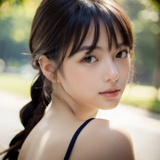 Rembrandt Lighting, (PhotoGenuineistic:1.2), (highest quality), (Detailed skin:1.3), (Intricate details), Ray Tracing,One Girl, In detail,Genuine, One Girl, Very beautiful face and eyes,Long Hair, 顔front, (Intricate details), dramatic, Ray Tracing, 顔front, Braiding, Scattered under the surface, front, bangs, Hair between the eyes, One Girl, Cute Japanese Girl,Detailed skin texture, Skin above the collarbone, Bare skin on the shoulders, masterpiece, highest quality, High resolution, View your audience、Pop Idol,