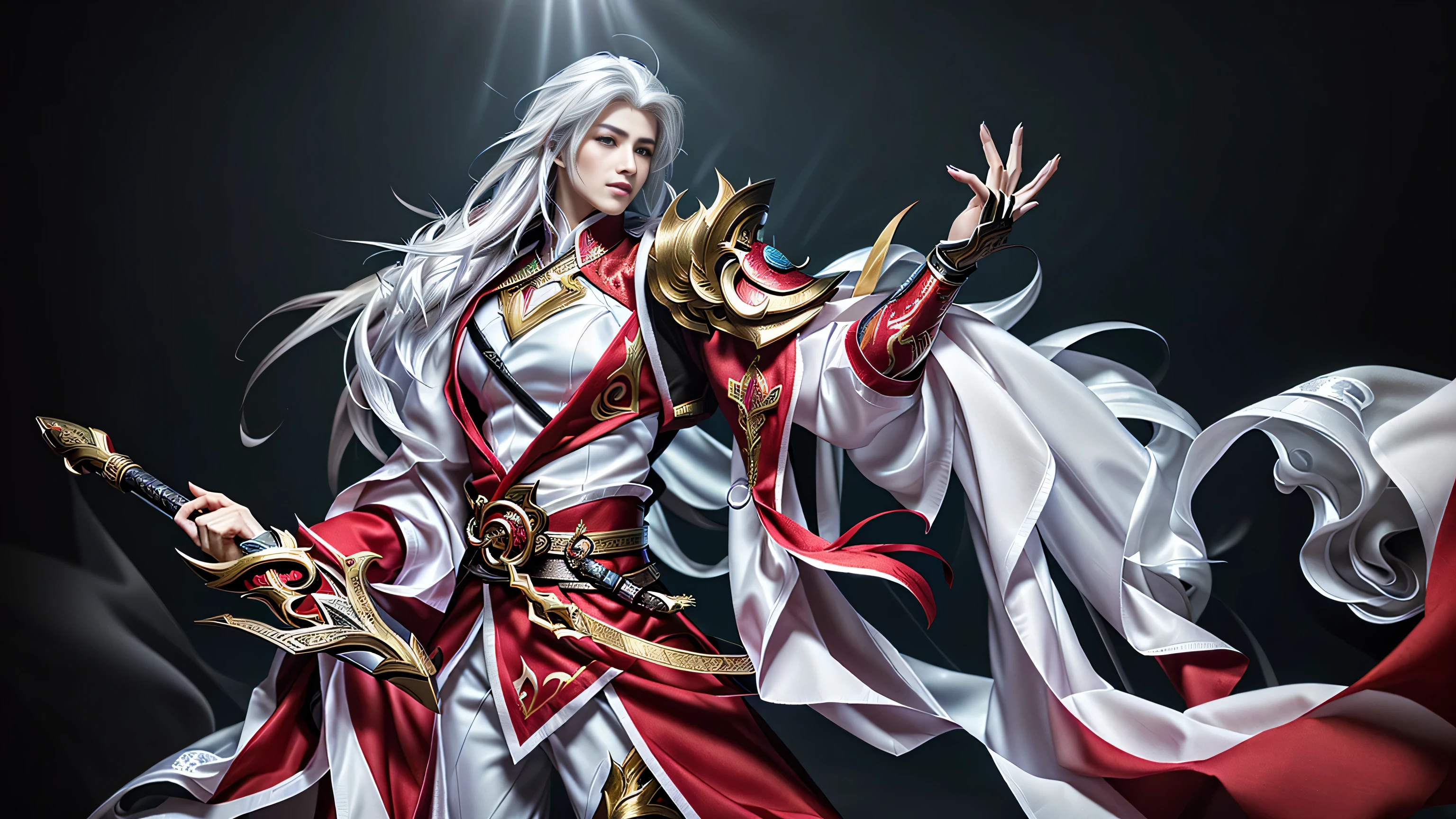 man character with white hair and red cape holding a sword, zhongli from genshin impact, keqing from genshin impact, heise jinyao, inspired by Huang Shen, genshin impact character, loong, onmyoji portrait, zhao yun, genshin, taisho roman, bian lian, casimir art, white haired deity, muscle, man body, (Ultra-high resolution),(Photorealistic:1.6),(Hyperrealistic:1.2), (8K), (4K), (Masterpiece),(Realistic skin texture), (illustration, Studio lighting)