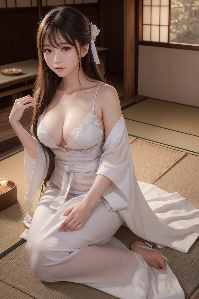 (high resolution、high quality、High resolution、detailed、8k、masterpiece）、超A high resolution、(Photorealistic:1.3)、RAW Photos、((Ultra-Realistic Details))、Portrait、Global Illumination、Shadow、Octane Rendering、8k、Super sharp、Beautiful breasts、Beautiful Eyes、非常に複雑なdetailed、Realistic Light、CGSoation Trend、ネオンのdetailed、The light is gentle、1 girl、Bewitching Charm、Silvery white long hair、Enchanting Japanese kimono、An emotional presence、(A dimly lit room in a samurai residence、In the back is a Japanese garden)、((Amazingly cute))、wild、sexy、Healthy Body、２２age、wide shot、full body、It feels like you&#39;re really there、Dignified、Hidden Past、sexy、smile、Glowing Skin、1. Super-beautiful Cyberpunk Soldiers